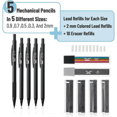 Metal Mechanical Pencil Set with Lead & Eraser Refills, 5 Sizes: 0.3, 0.5, 0.7, 0.9, 2.0 mm