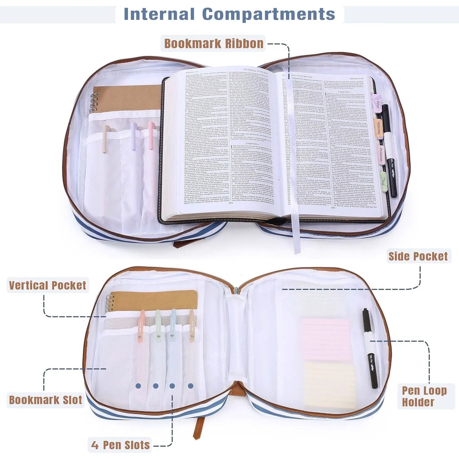 Large Canvas Bible Cover with Stripe Pattern, Handle and Pockets (11.3" x 9")