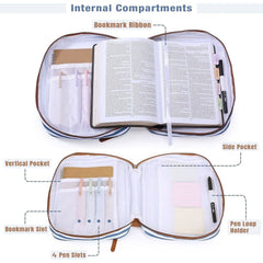 Large Canvas Bible Cover with Stripe Pattern, Handle and Pockets (11.3" x 9")