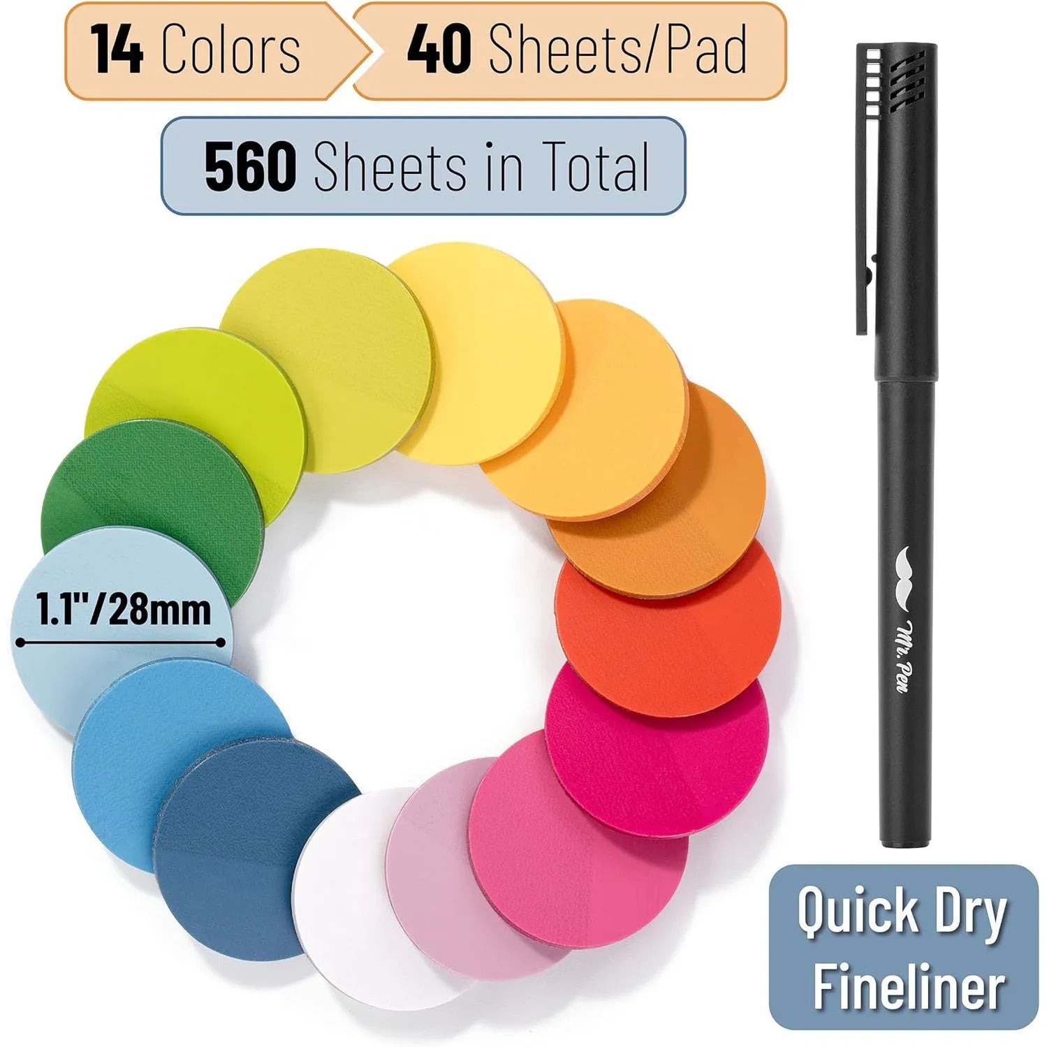 560 Pcs Transparent Round Sticky Notes, Assorted Colors, 28mm, with Quick-Dry Pen
