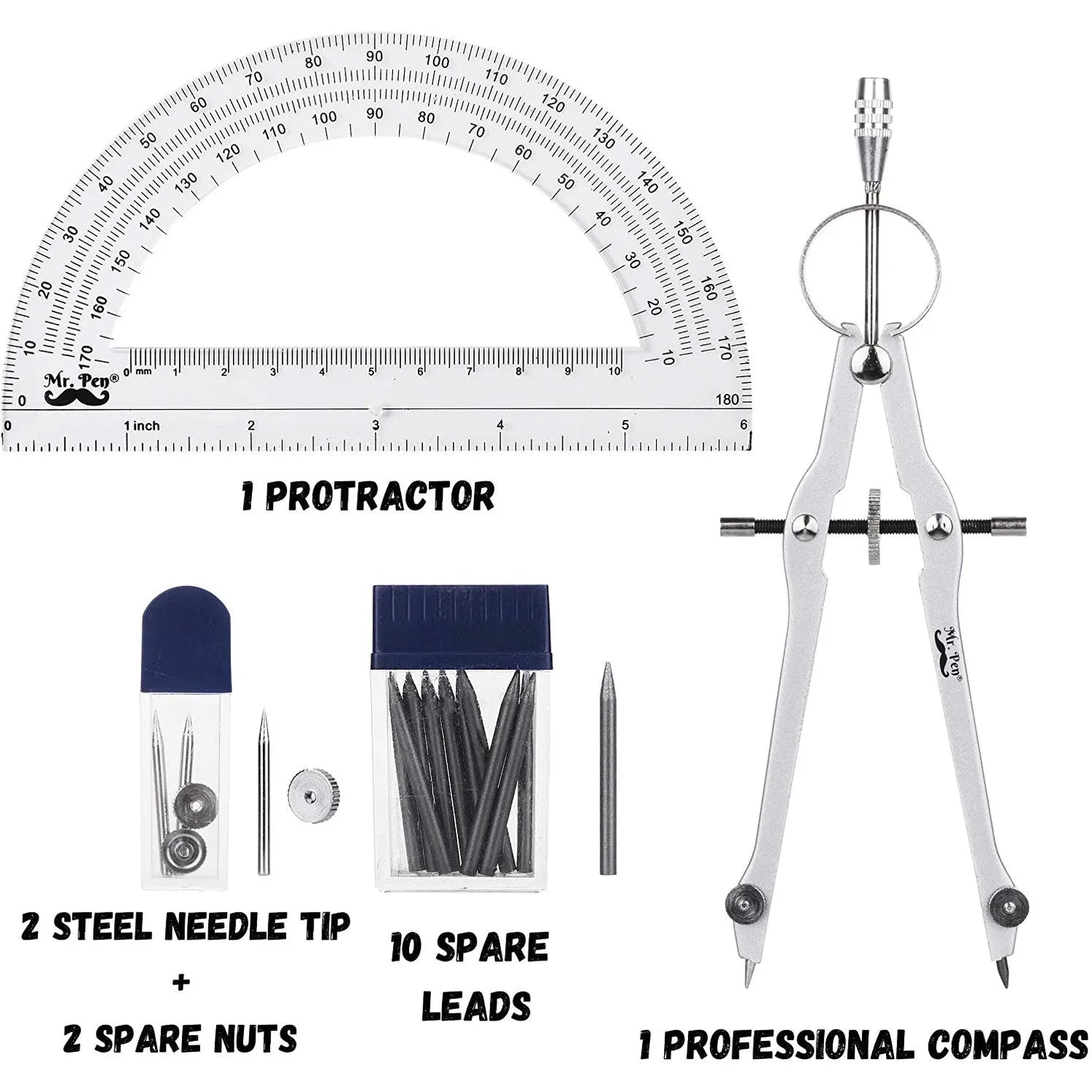 Metal Compass and Transparent Protractor Set