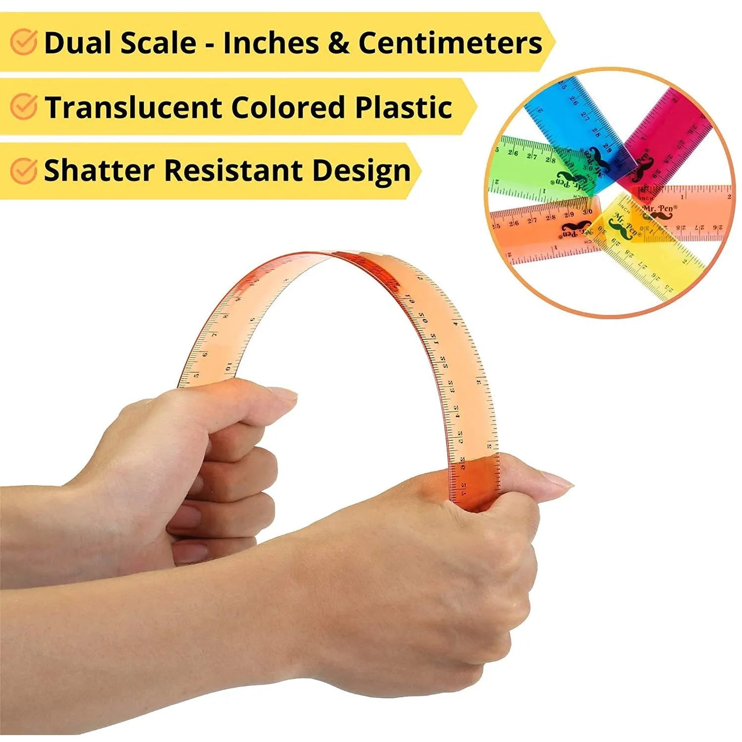 Kids Ruler 12 Inch (6 Pack) - Assorted Colors, Inches & cm, Clear
