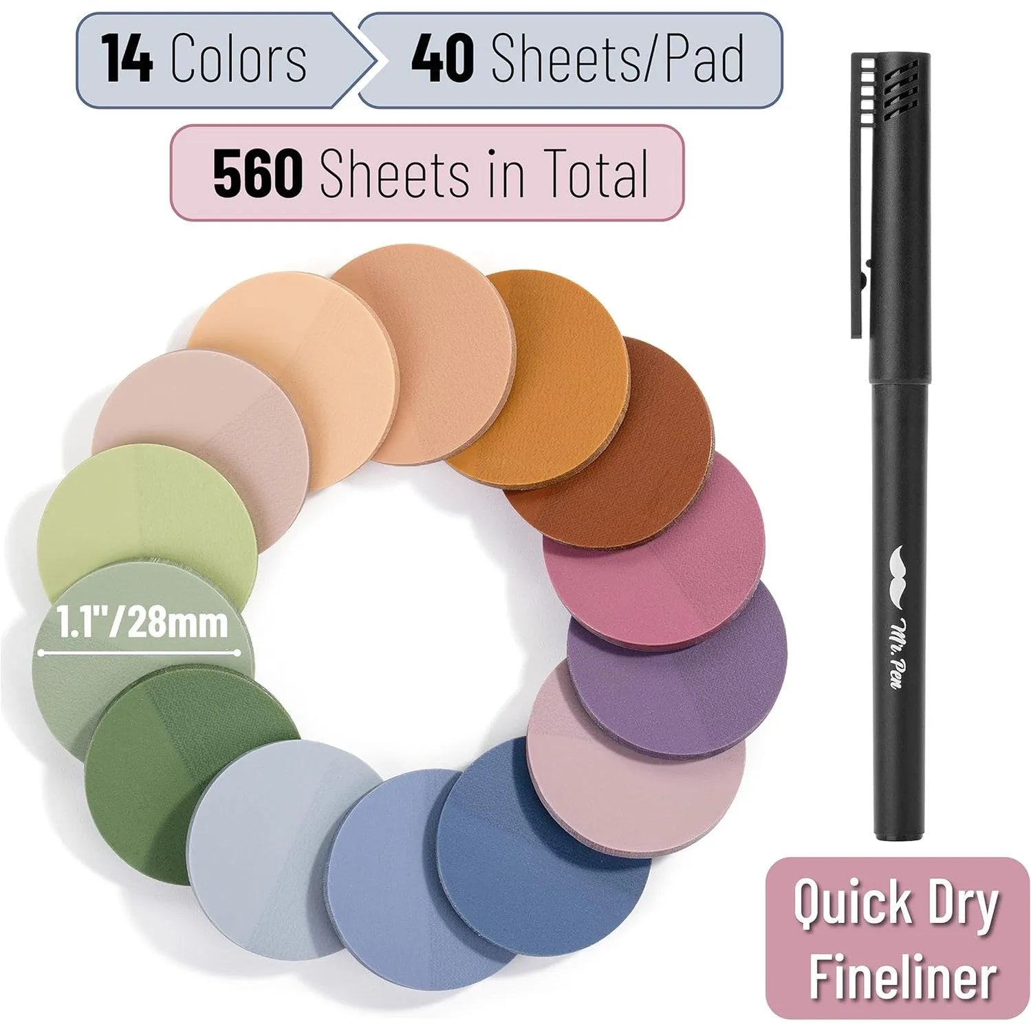 560 Pcs Transparent Round Sticky Notes, Assorted Colors, 28mm, with Quick-Dry Pen