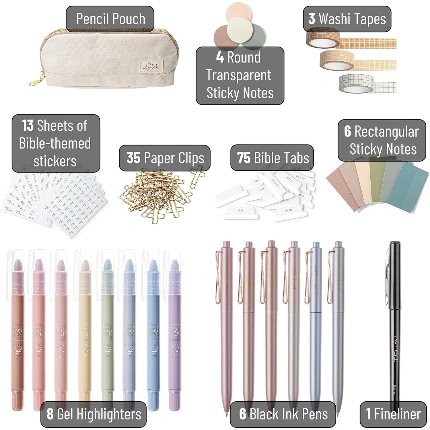 Selah Bible Journaling Kit with No-Bleed Pens, Gel Highlighters, Tabs, Washi Tape & Stickers