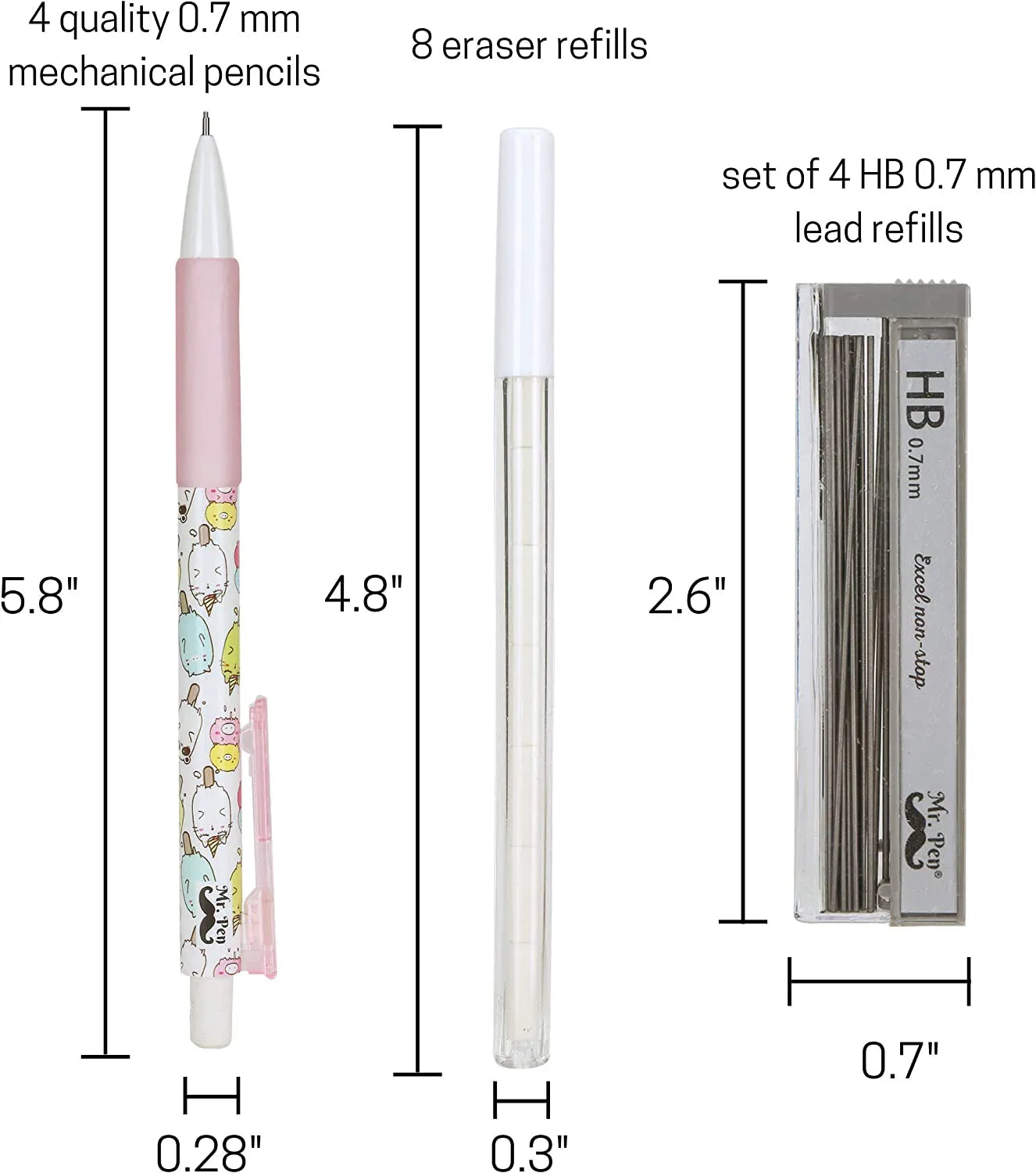 Cute Mechanical Pencil Set with 0.7mm Lead and Erasers (16 Pieces)