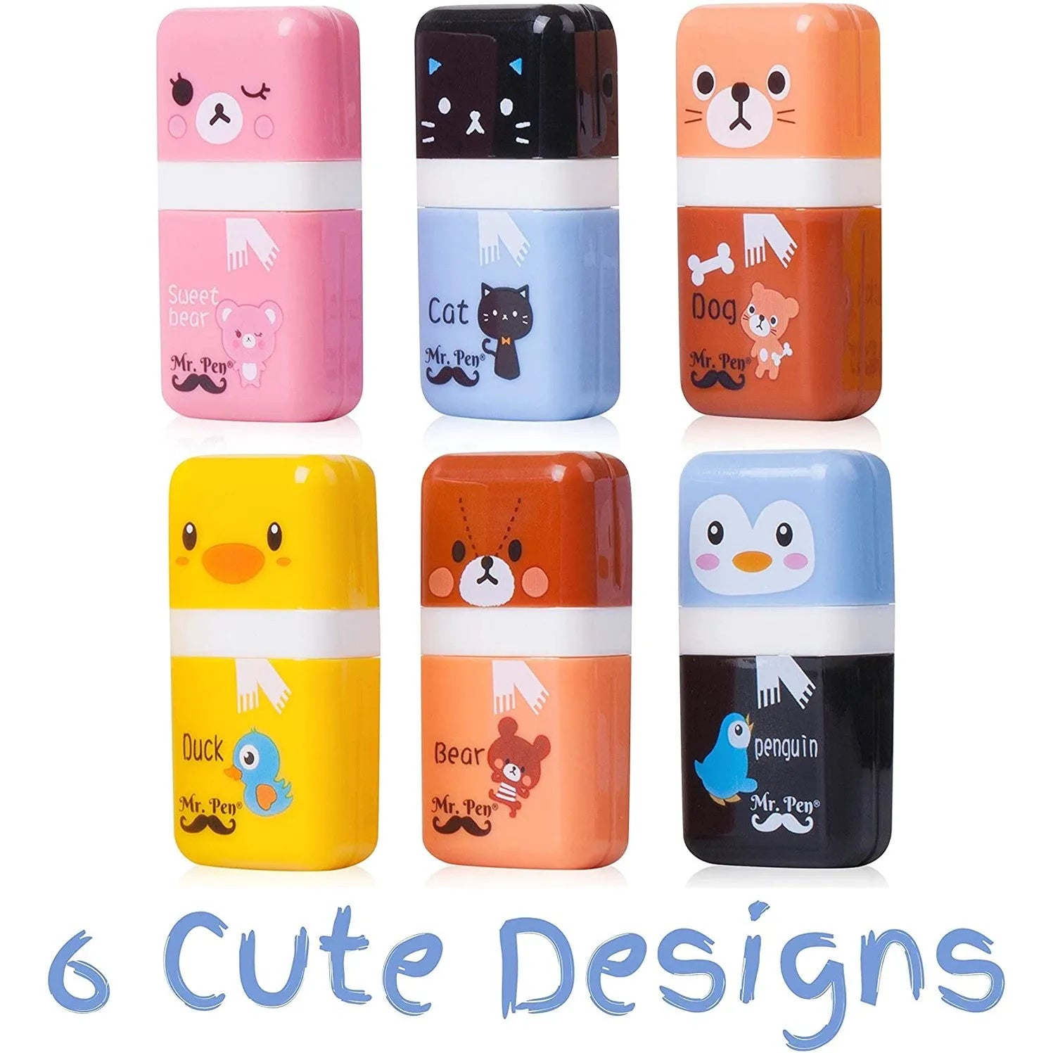 Cute Pencil Erasers for Kids - 6 Pack with Covers & Rollers
