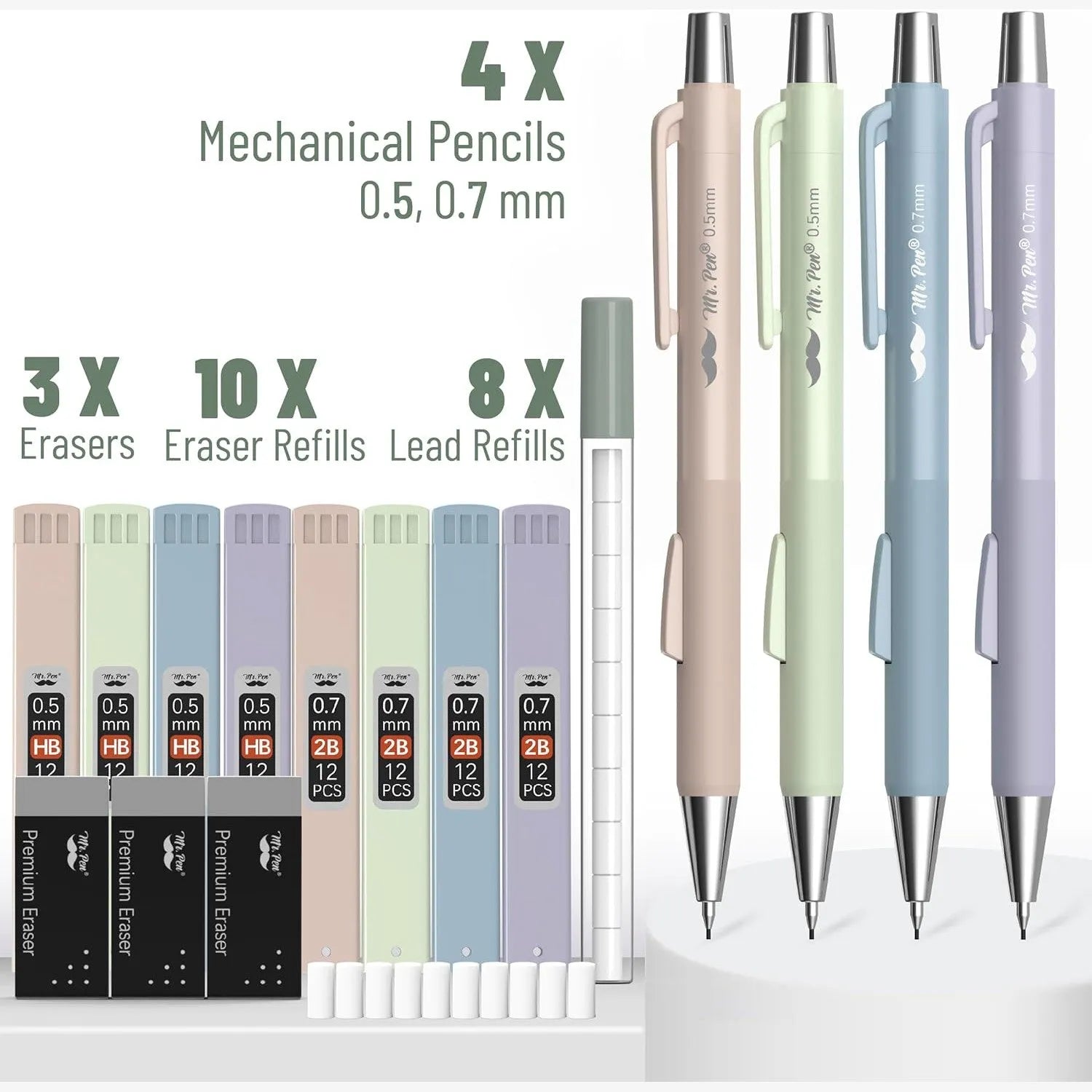 Pastel Mechanical Pencil Set - 4 Pack with 0.5 & 0.7mm Leads