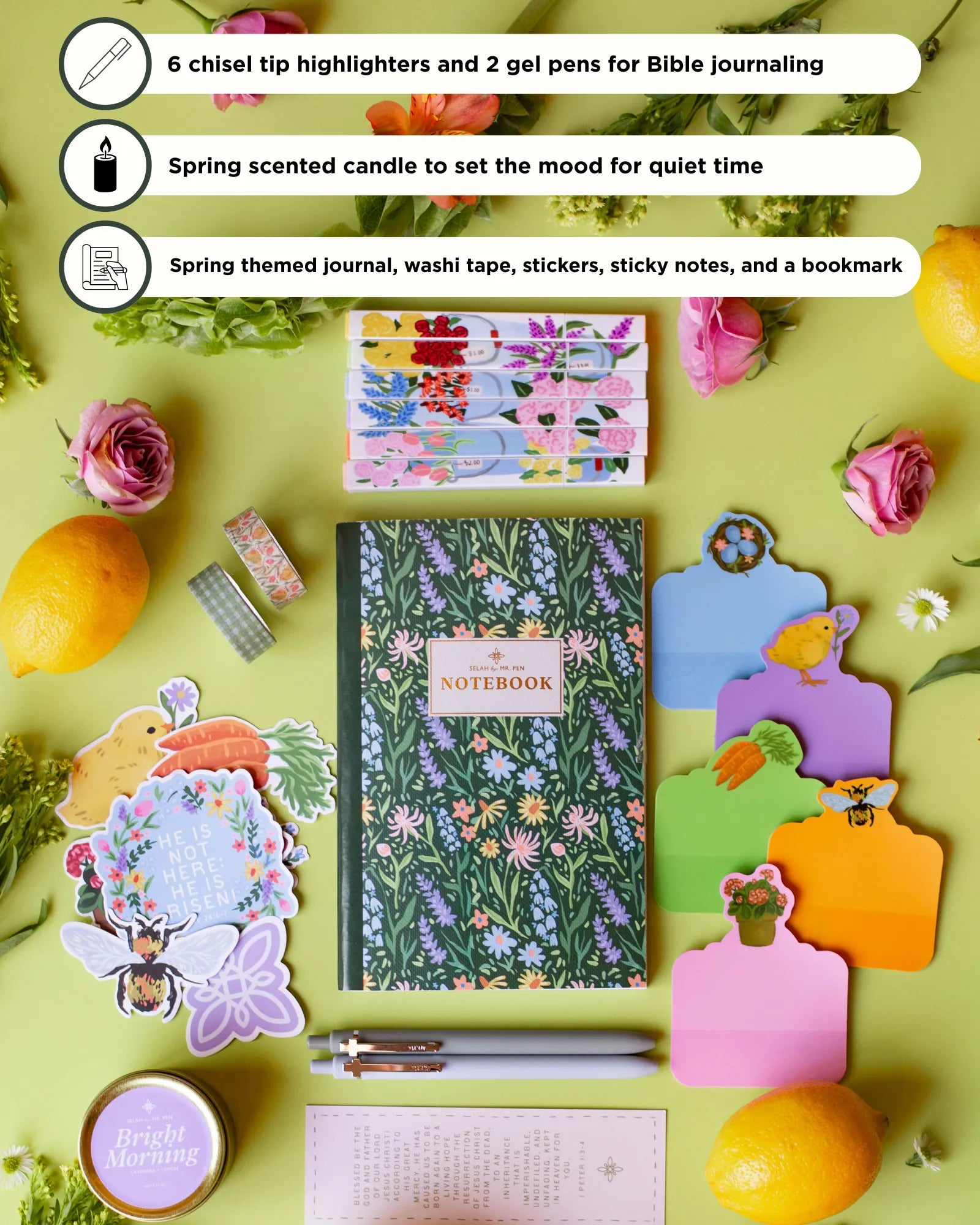 Mr. Pen Spring Bible Journaling Kit - Limited Edition Gift Set with Highlighters, Gel Pens, Washi Tape, Sticky Notes, Stickers, Scented Candle, and Bookmark