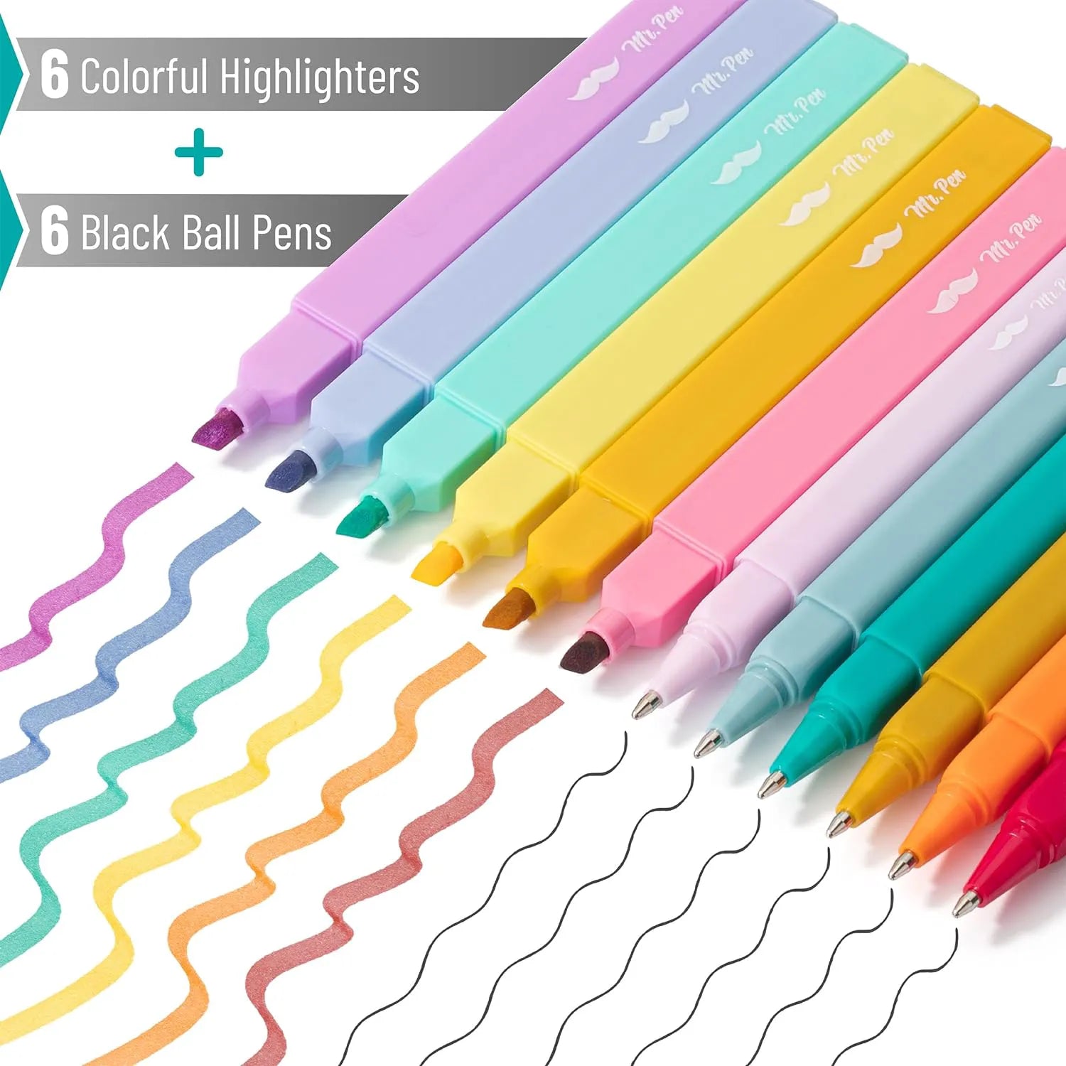 Aesthetic Highlighter & Ballpoint Pen Set (12 Pack) - No-Bleed, Soft Colors, Chisel Tip + Pens for Journaling & Study