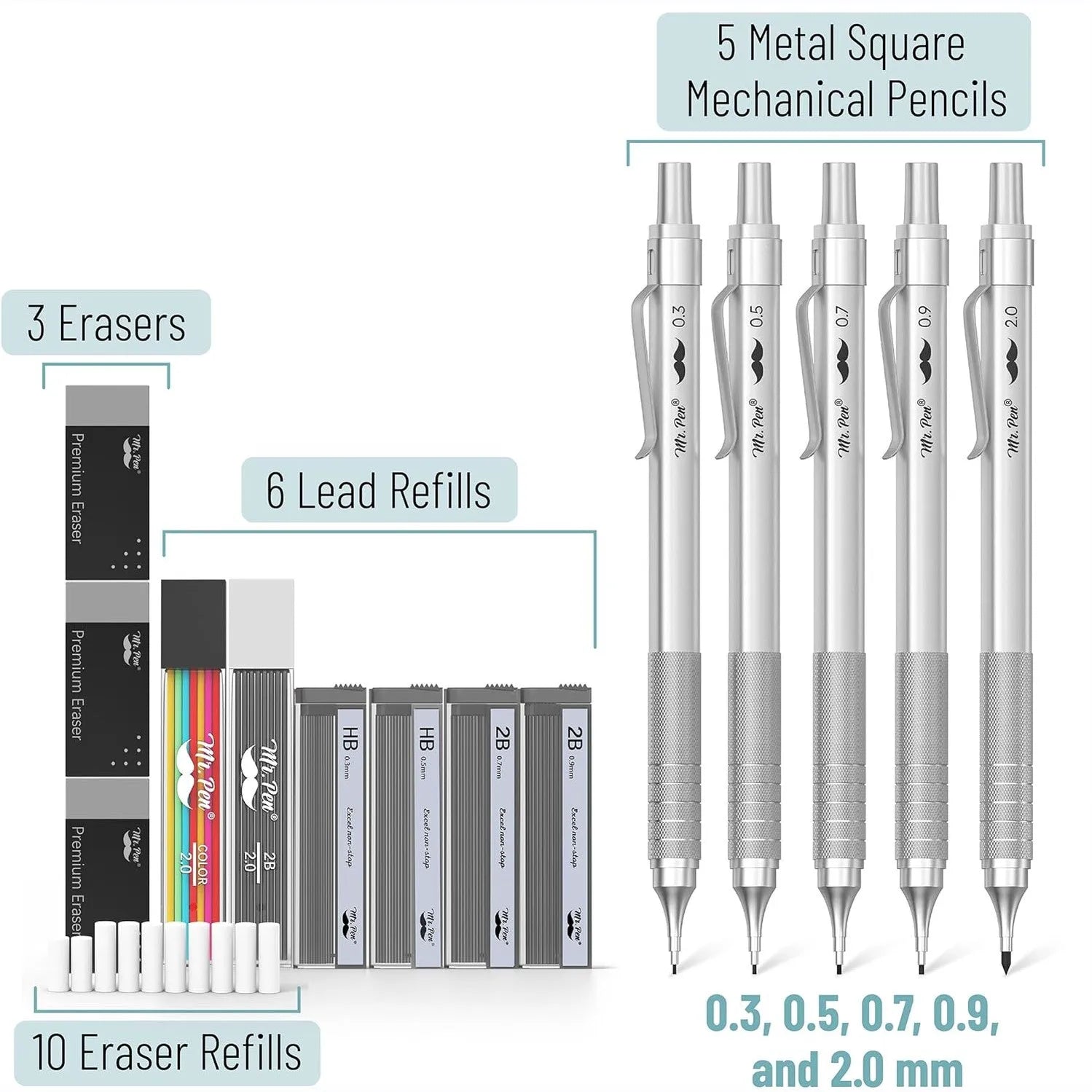 Premium Mechanical Pencil Set with Case, 5 Sizes, Leads & Erasers