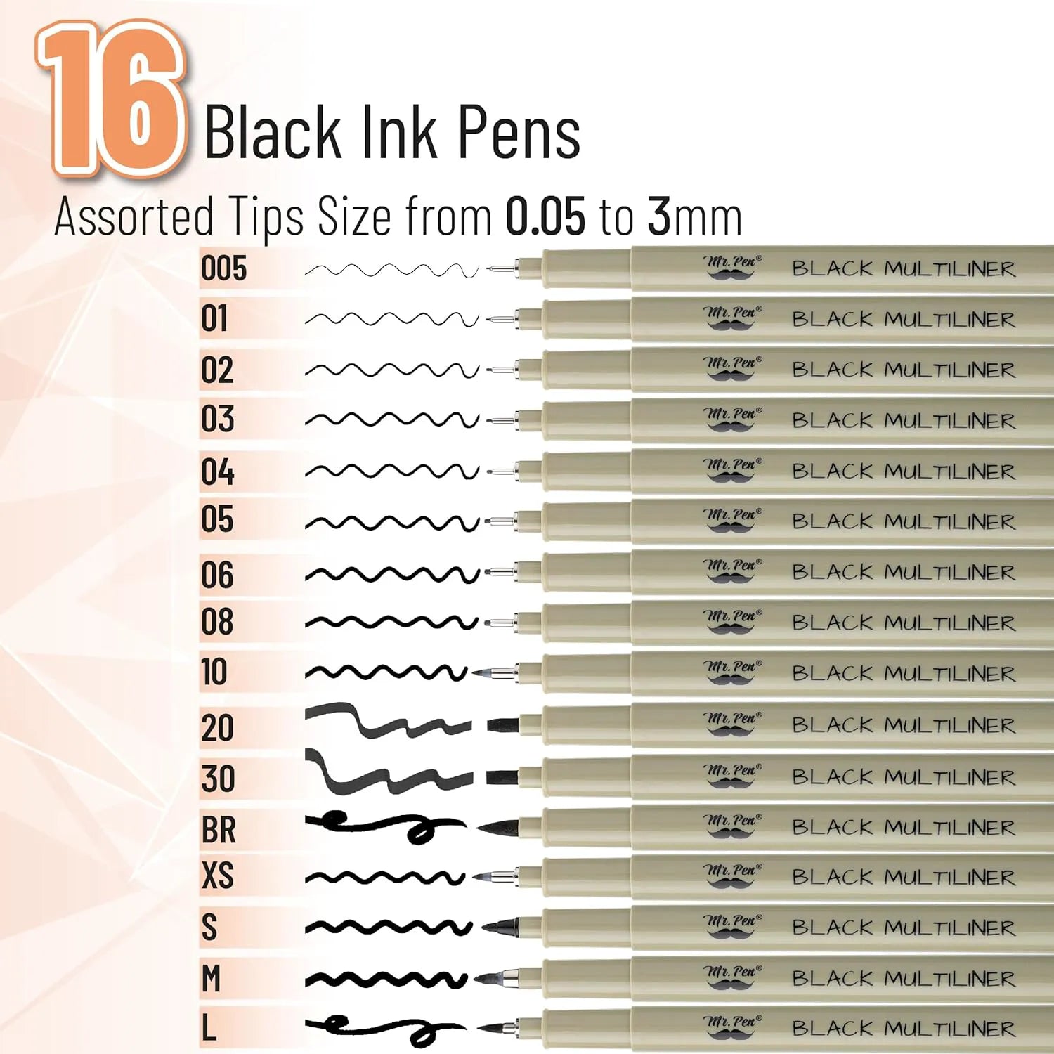 Black Fineliner Drawing Pens (16 Pack) with 0.05–3mm Tips