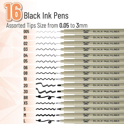 Black Fineliner Drawing Pens (16 Pack) with 0.05–3mm Tips