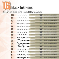 Black Fineliner Drawing Pens (16 Pack) with 0.05–3mm Tips