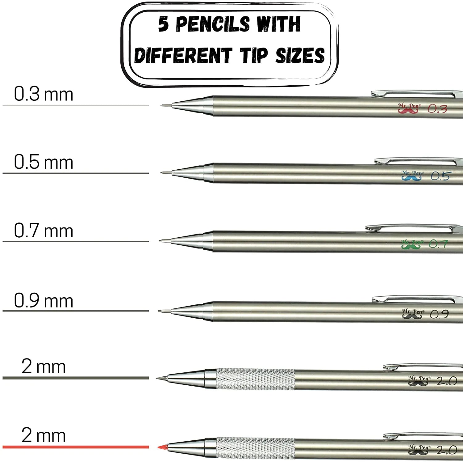 Metal Mechanical Pencil Set with Lead & Eraser Refills, 5 Sizes (0.3, 0.5, 0.7, 0.9, 2mm) for Drafting, Sketching, Architecture & Drawing