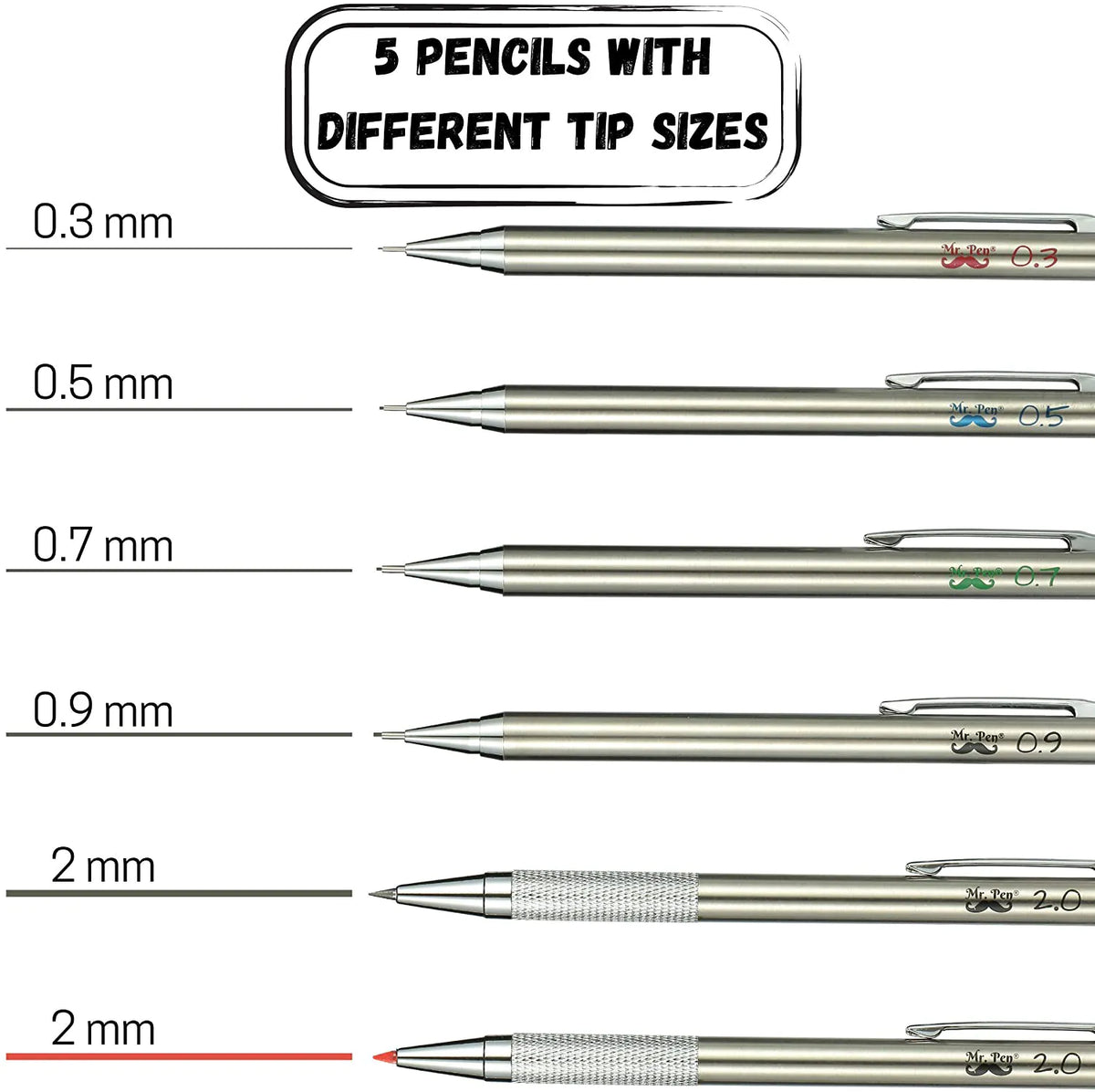 Metal Mechanical Pencil Set with Lead & Eraser Refills, 5 Sizes (0.3, 0.5, 0.7, 0.9, 2mm) for Drafting, Sketching, Architecture & Drawing