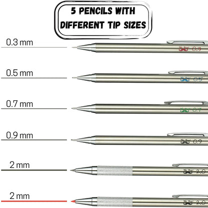 Metal Mechanical Pencil Set with Lead & Eraser Refills, 5 Sizes (0.3, 0.5, 0.7, 0.9, 2mm) for Drafting, Sketching, Architecture & Drawing
