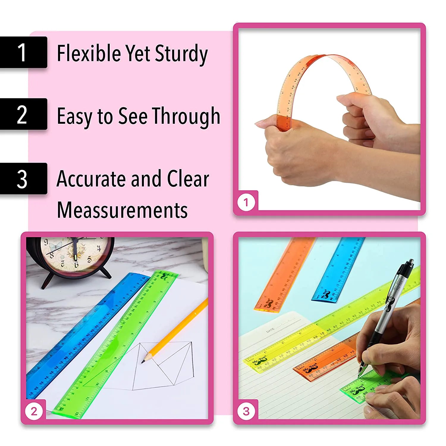 Kids Ruler 12 Inch (6 Pack) - Assorted Colors, Inches & cm, Clear