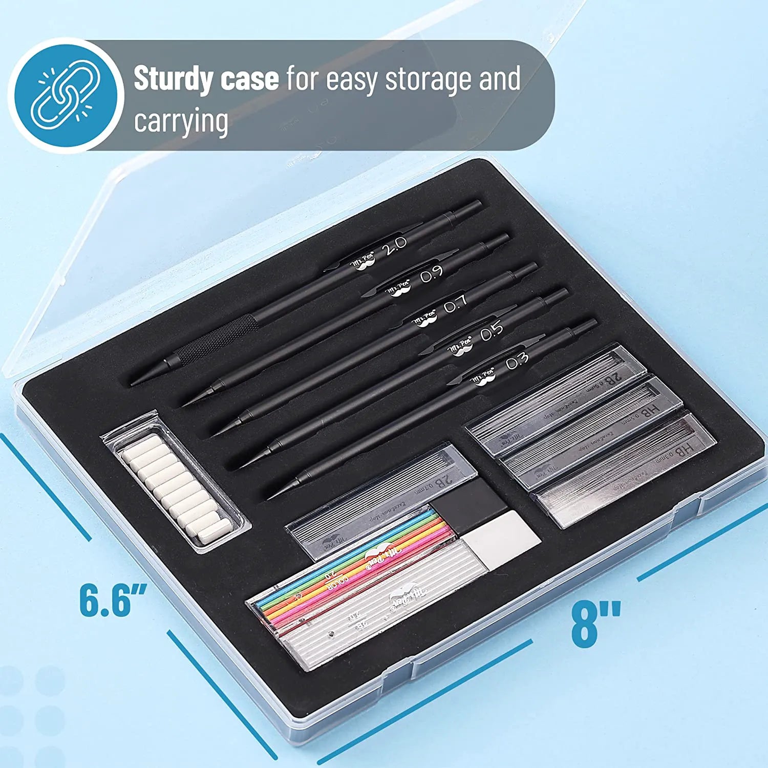 Metal Mechanical Pencil Set with Lead & Eraser Refills, 5 Sizes: 0.3, 0.5, 0.7, 0.9, 2.0 mm
