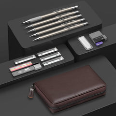 Metal Mechanical Pencil Set with Leather Case, 5 Sizes, HB Leads