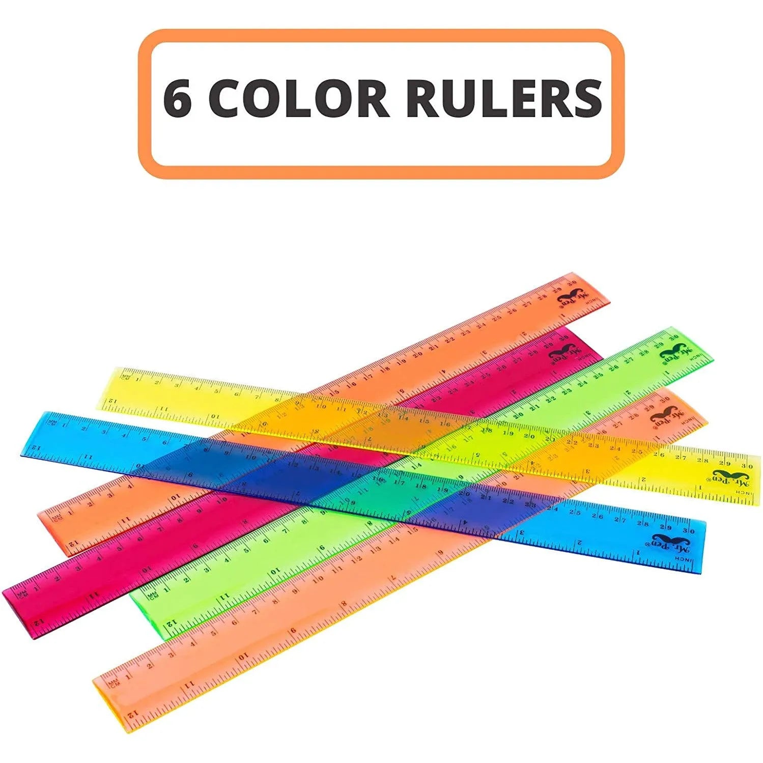 Kids Ruler 12 Inch (6 Pack) - Assorted Colors, Inches & cm, Clear
