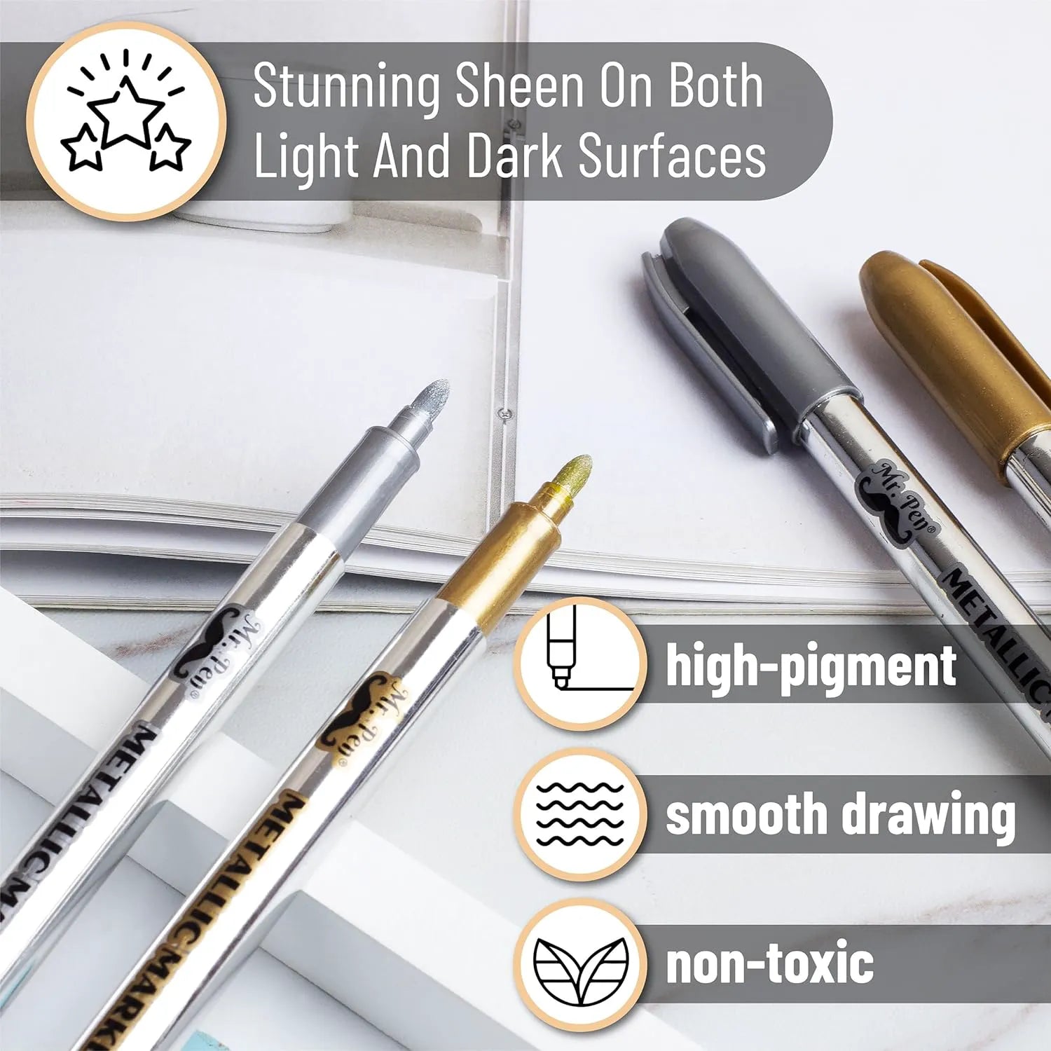 Metallic Paint Markers, 12 Pack, Gold & Silver, 1.5mm Fine Tip