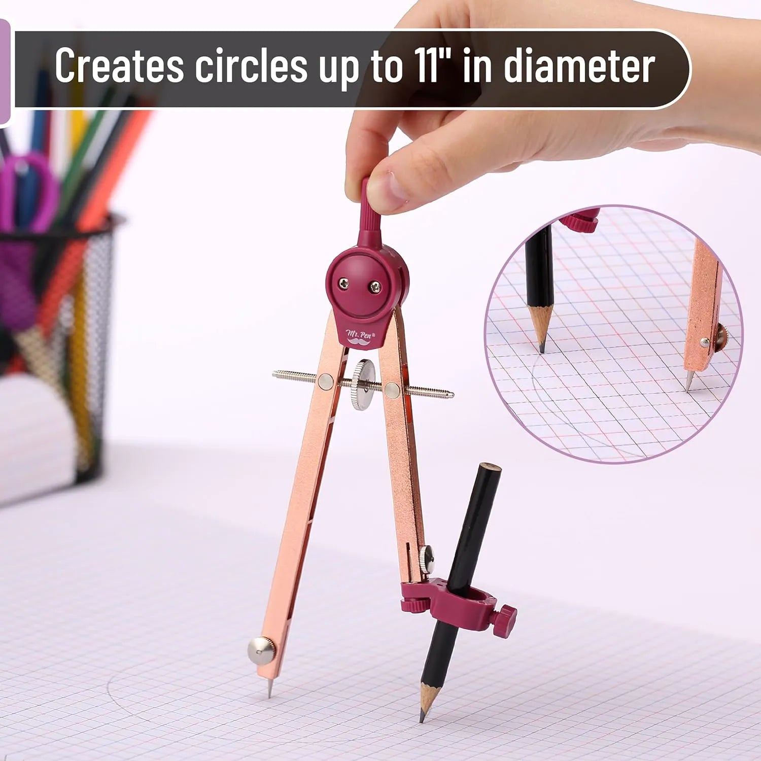 Rose Gold Drawing Compass for Geometry, Draws Up to 11 Inches