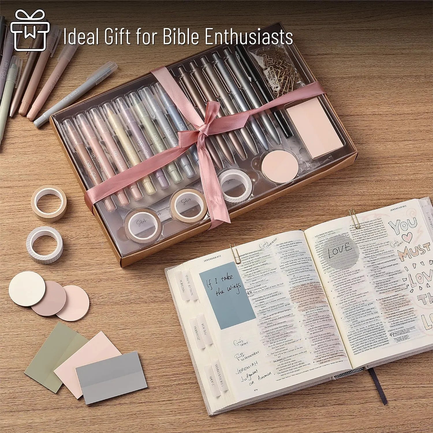Selah Bible Journaling Kit with No-Bleed Pens, Gel Highlighters, Tabs, Washi Tape & Stickers