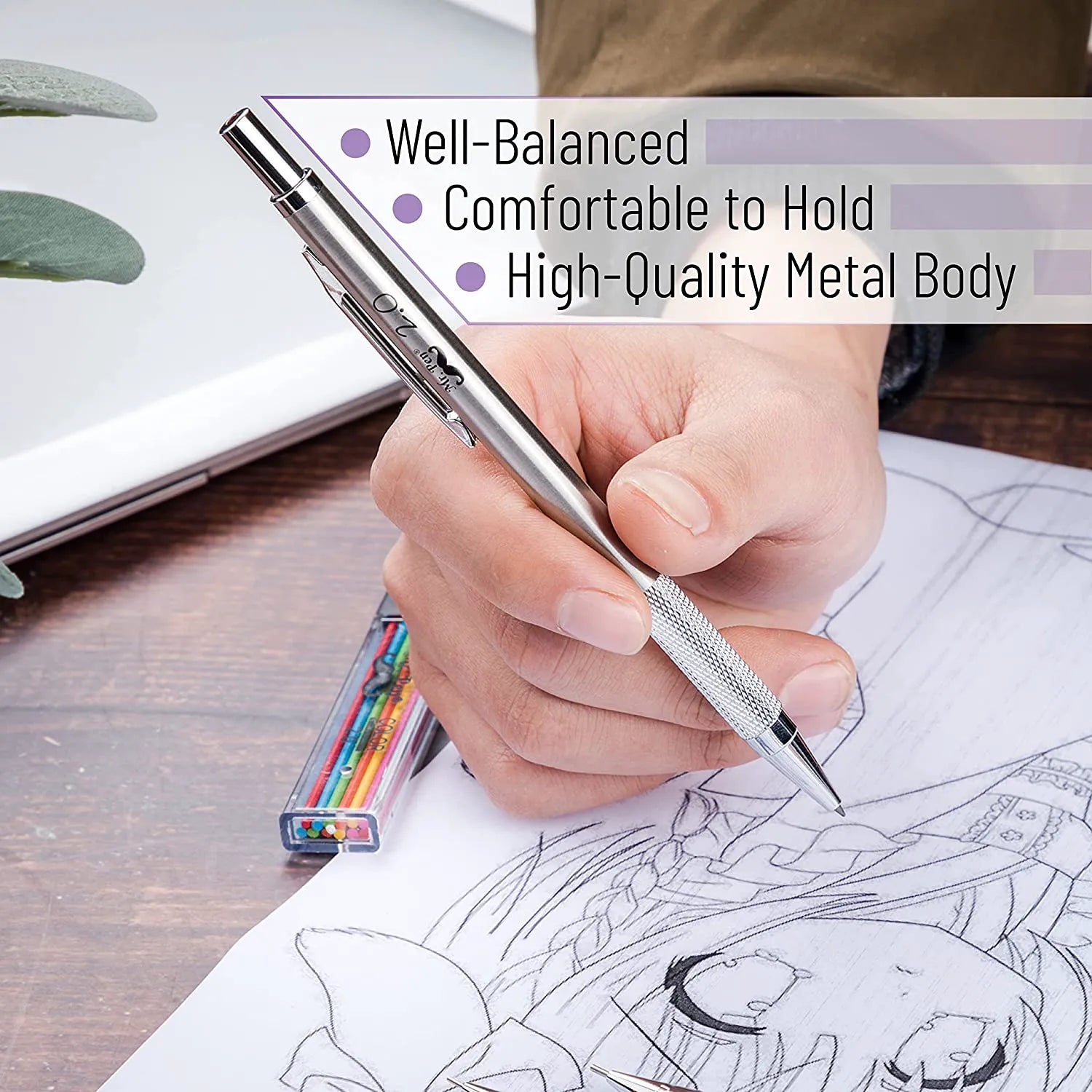 Metal Mechanical Pencil Set with Lead & Eraser Refills, 5 Sizes (0.3, 0.5, 0.7, 0.9, 2mm) for Drafting, Sketching, Architecture & Drawing