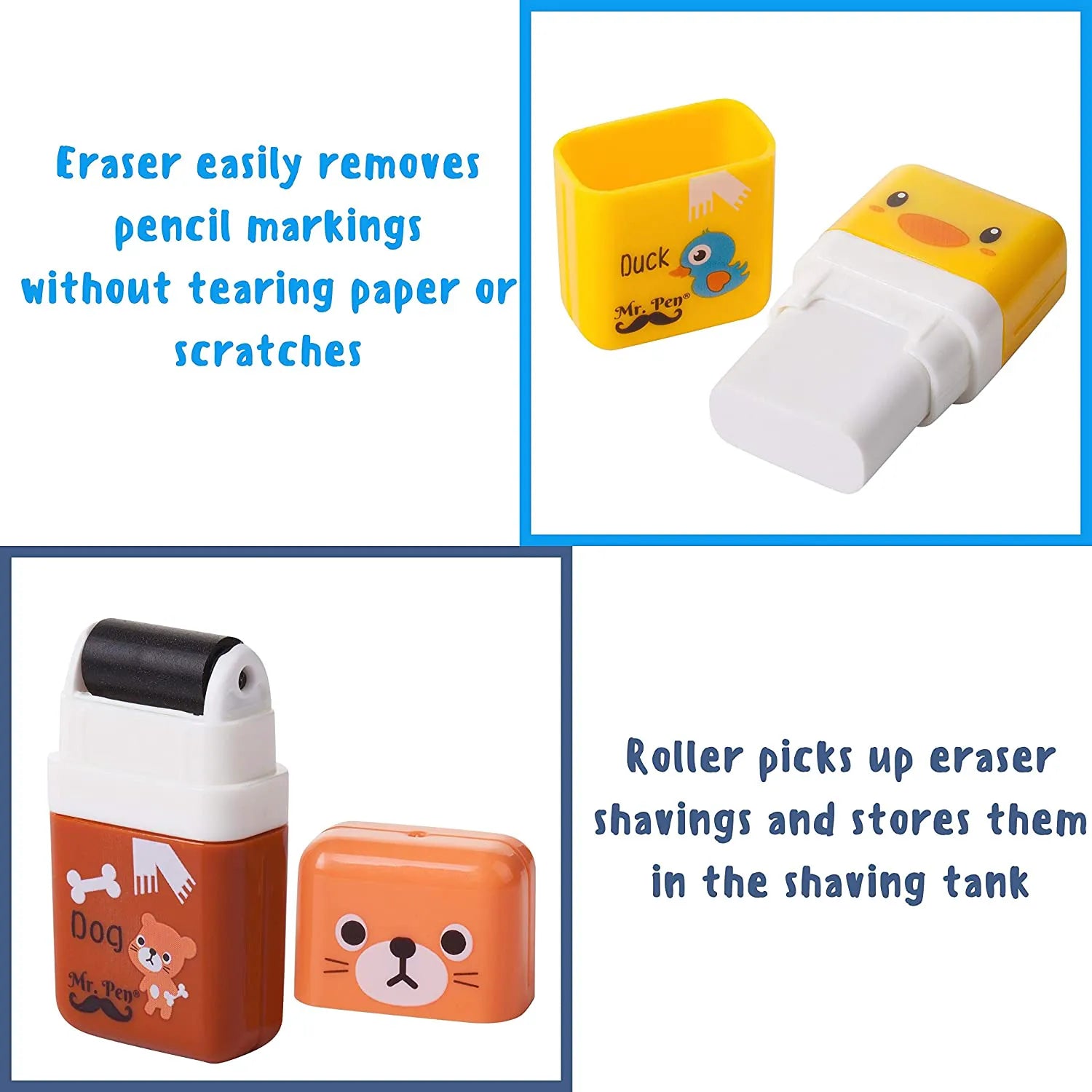 Cute Pencil Erasers for Kids - 6 Pack with Covers & Rollers