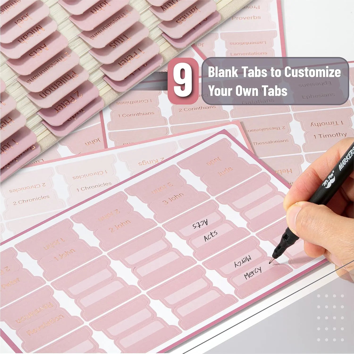 Mr. Pen Bible Tabs - 75 Laminated Pink Shade Index Tabs for Women & Men, Bible Book Labels for Study