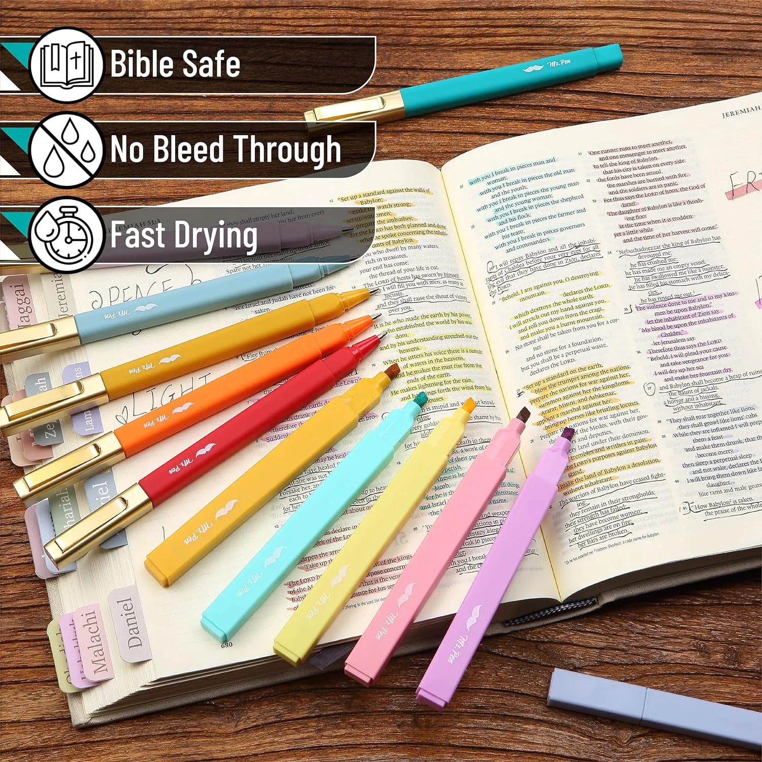 No-Bleed Bible Highlighters & Pens, 12-Pack Assorted Colors, Black Ink Pens for Bible Study