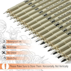 Black Fineliner Drawing Pens (16 Pack) with 0.05–3mm Tips
