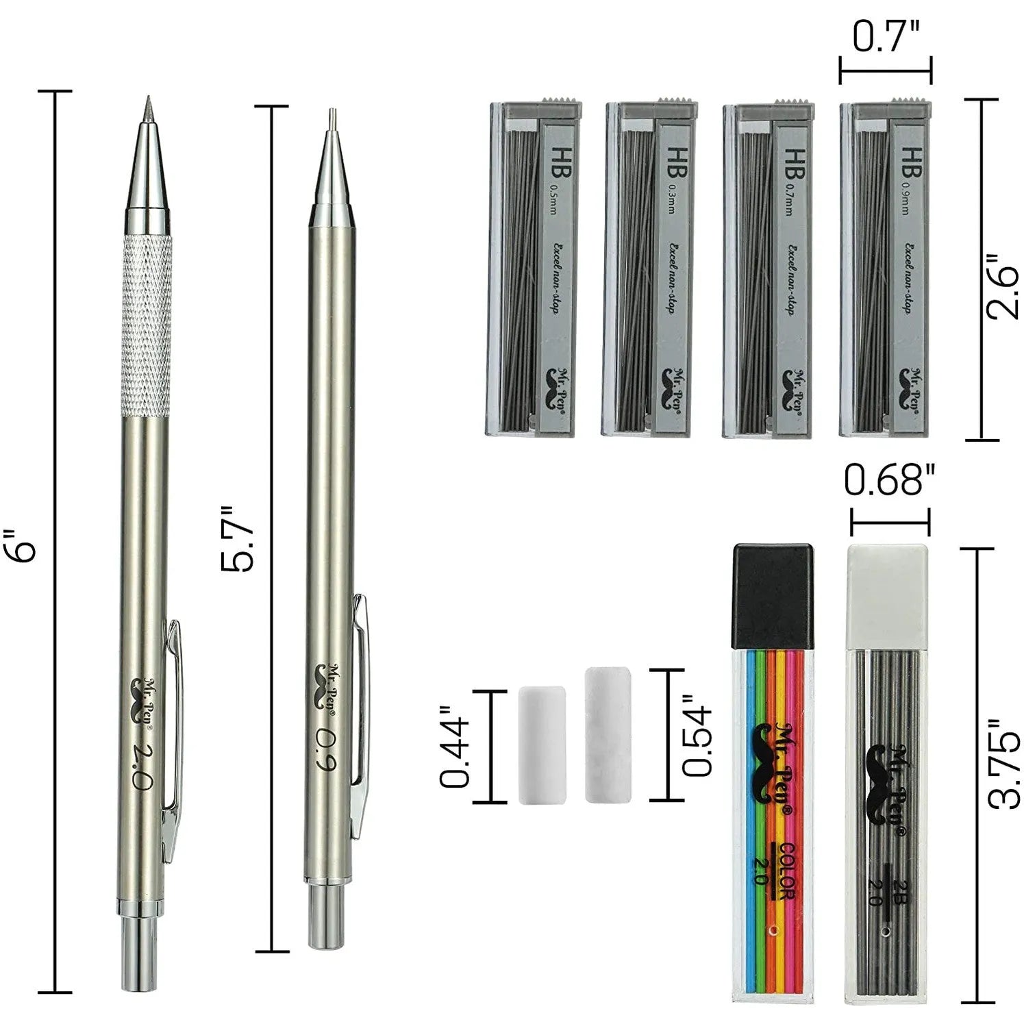 Metal Mechanical Pencil Set with Lead & Eraser Refills, 5 Sizes (0.3, 0.5, 0.7, 0.9, 2mm) for Drafting, Sketching, Architecture & Drawing
