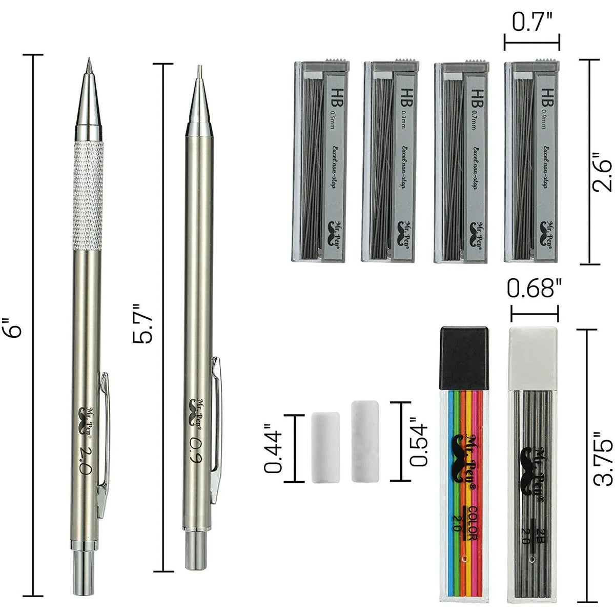Metal Mechanical Pencil Set with Lead & Eraser Refills, 5 Sizes (0.3, 0.5, 0.7, 0.9, 2mm) for Drafting, Sketching, Architecture & Drawing