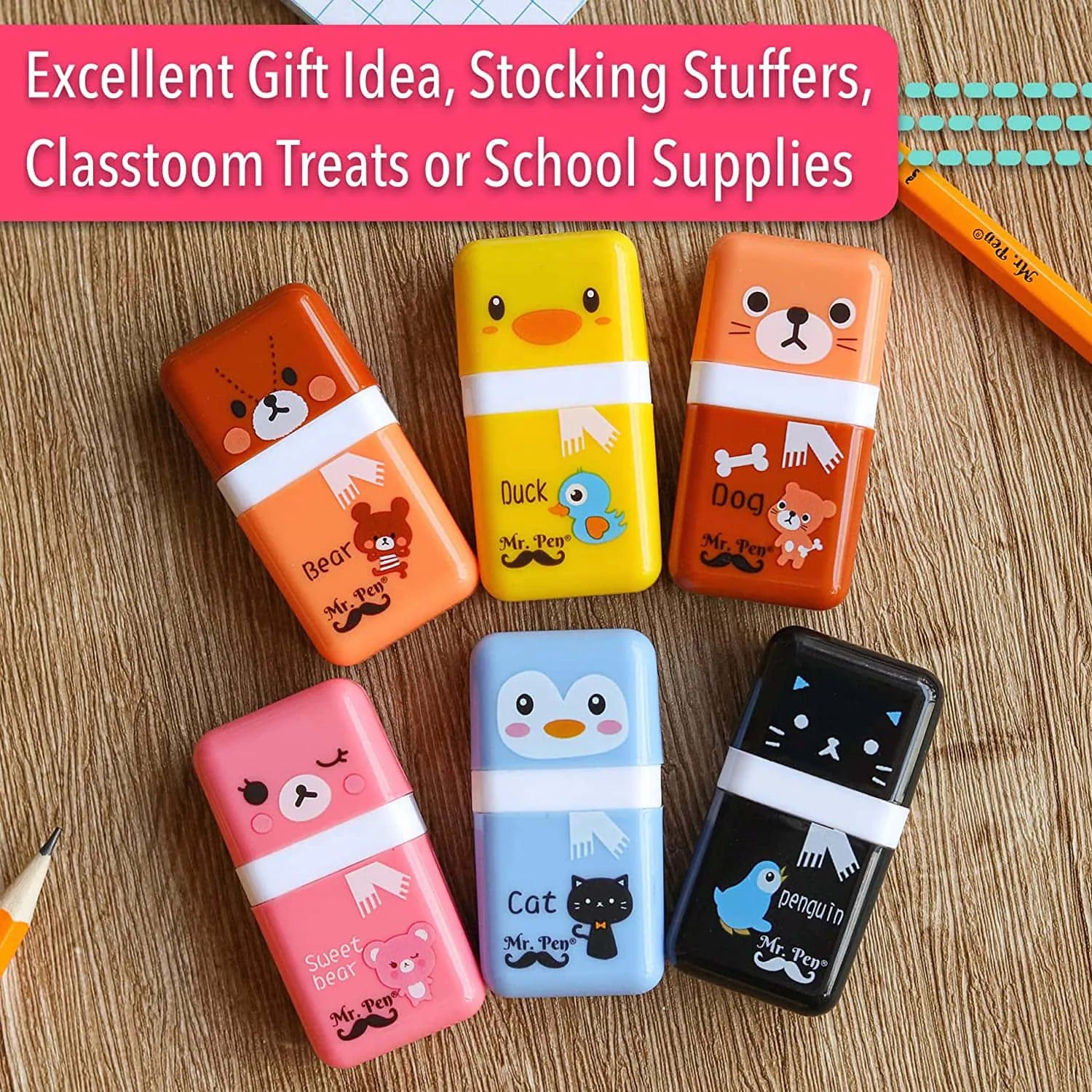 Cute Pencil Erasers for Kids - 6 Pack with Covers & Rollers