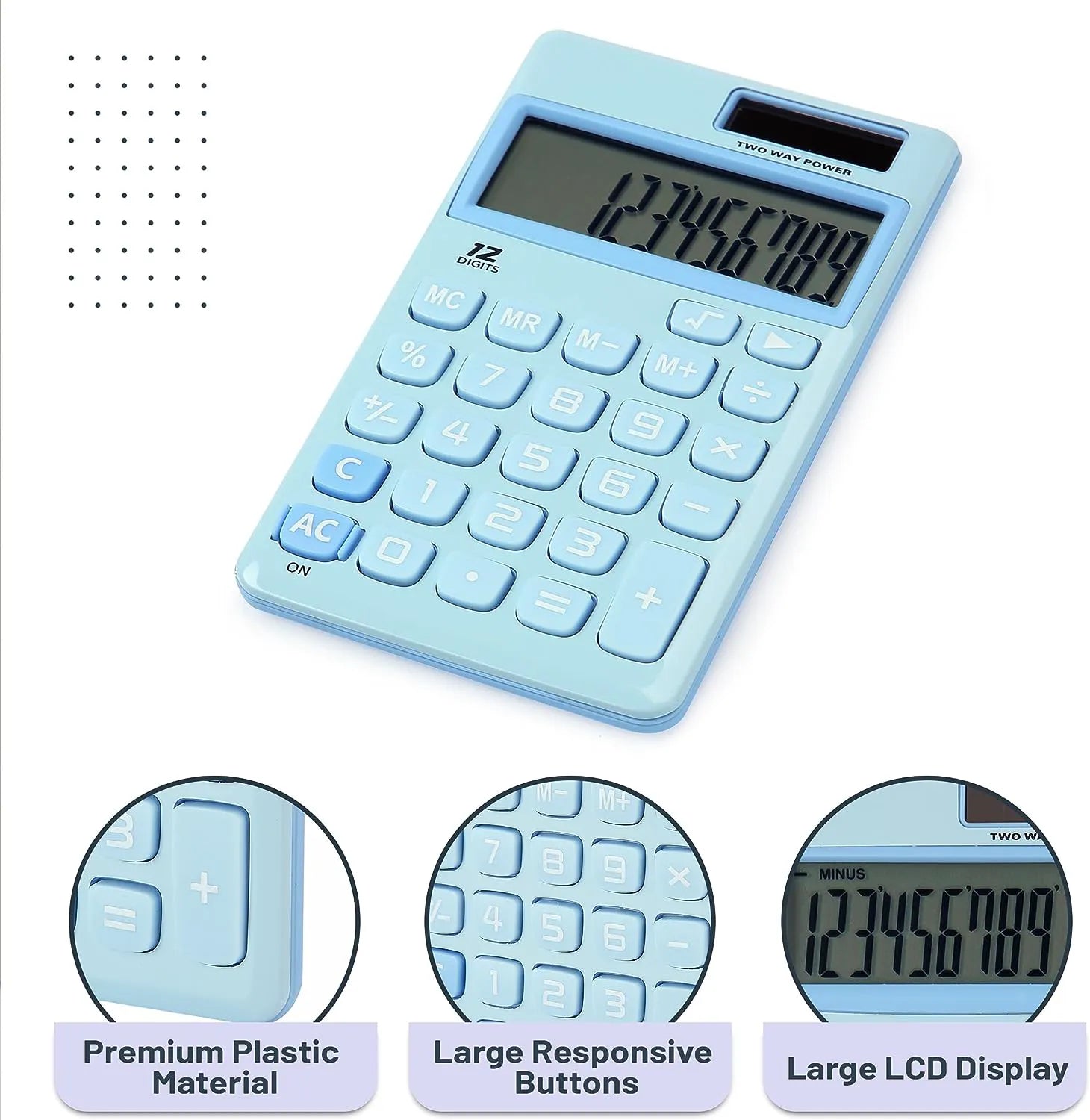 12-Digit Solar Calculator, Light Blue, Standard Function, Handheld
