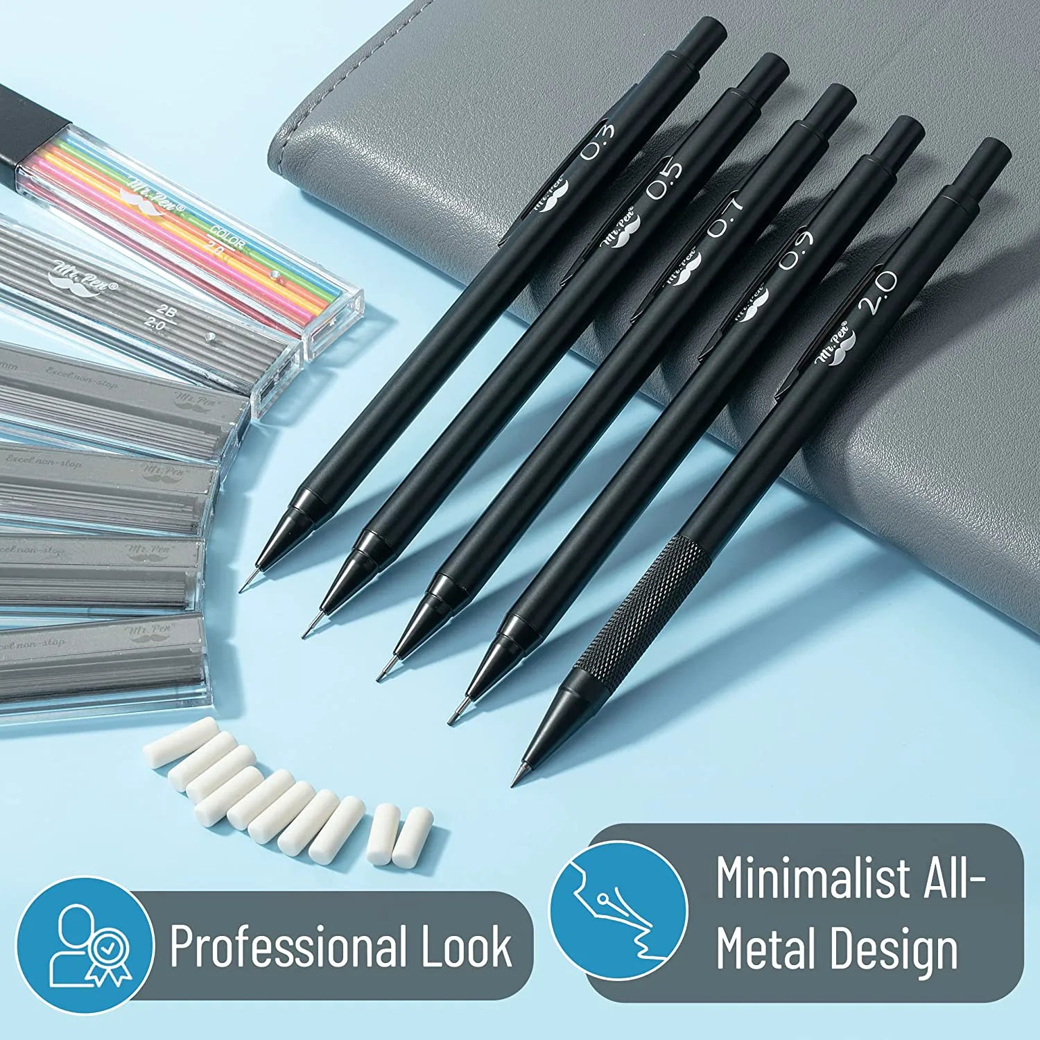 Metal Mechanical Pencil Set with Lead & Eraser Refills, 5 Sizes: 0.3, 0.5, 0.7, 0.9, 2.0 mm