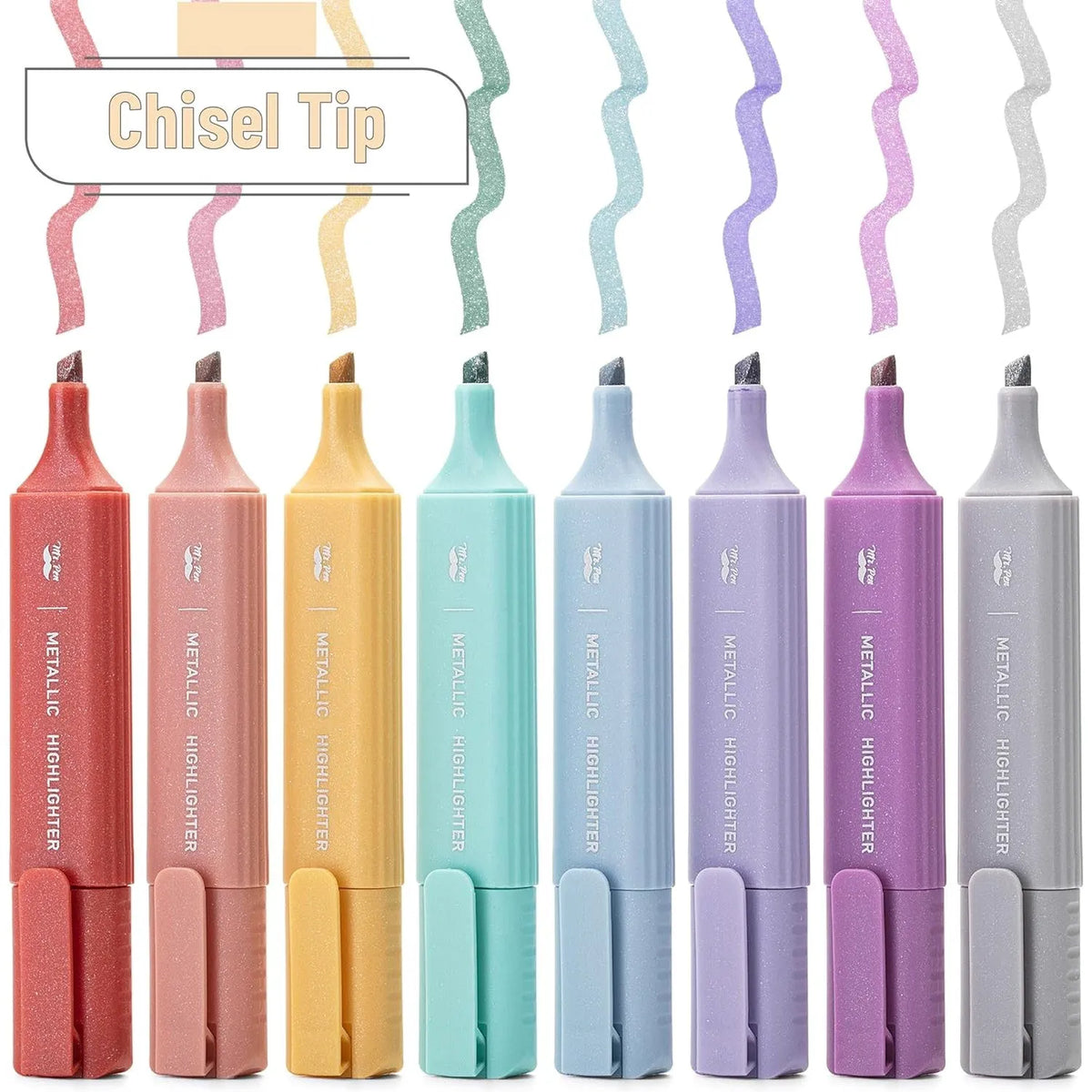 Glitter Highlighters 8-Pack: Metallic Chisel Tip, Aesthetic & Cute for School, Journaling & Crafts