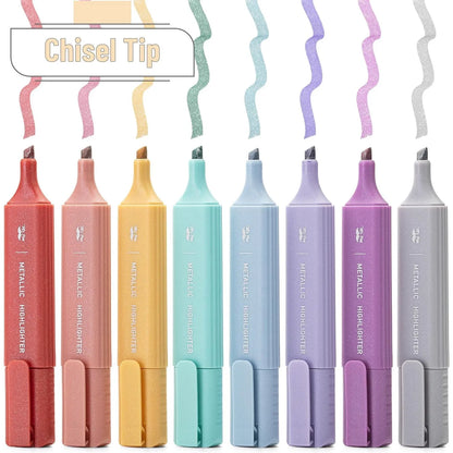 Glitter Highlighters 8-Pack: Metallic Chisel Tip, Aesthetic & Cute for School, Journaling & Crafts