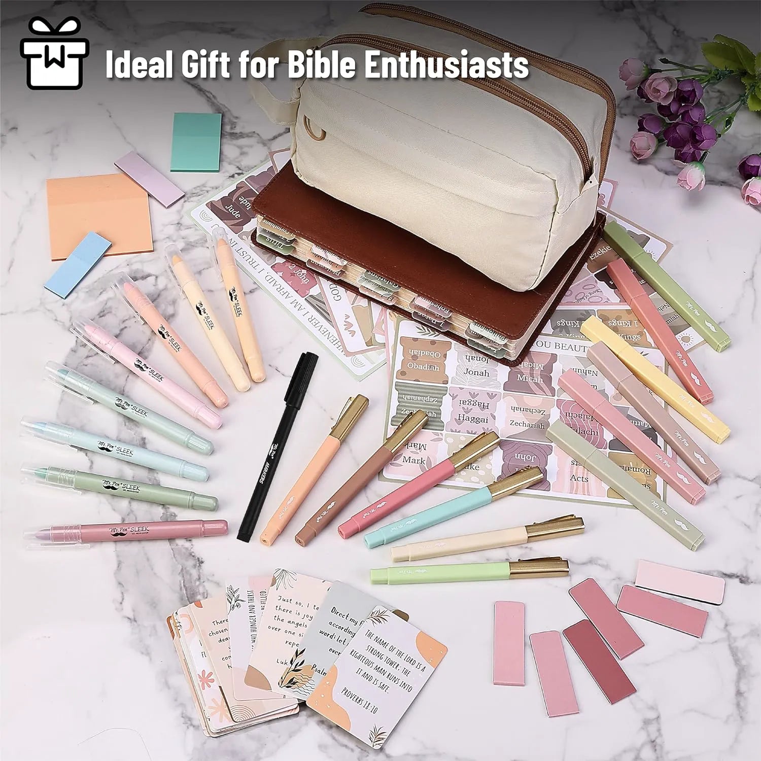 Bible Journaling Kit with No-Bleed Highlighters, Pens, Tabs, Prayer Cards, Sticky Notes, and Pencil Case