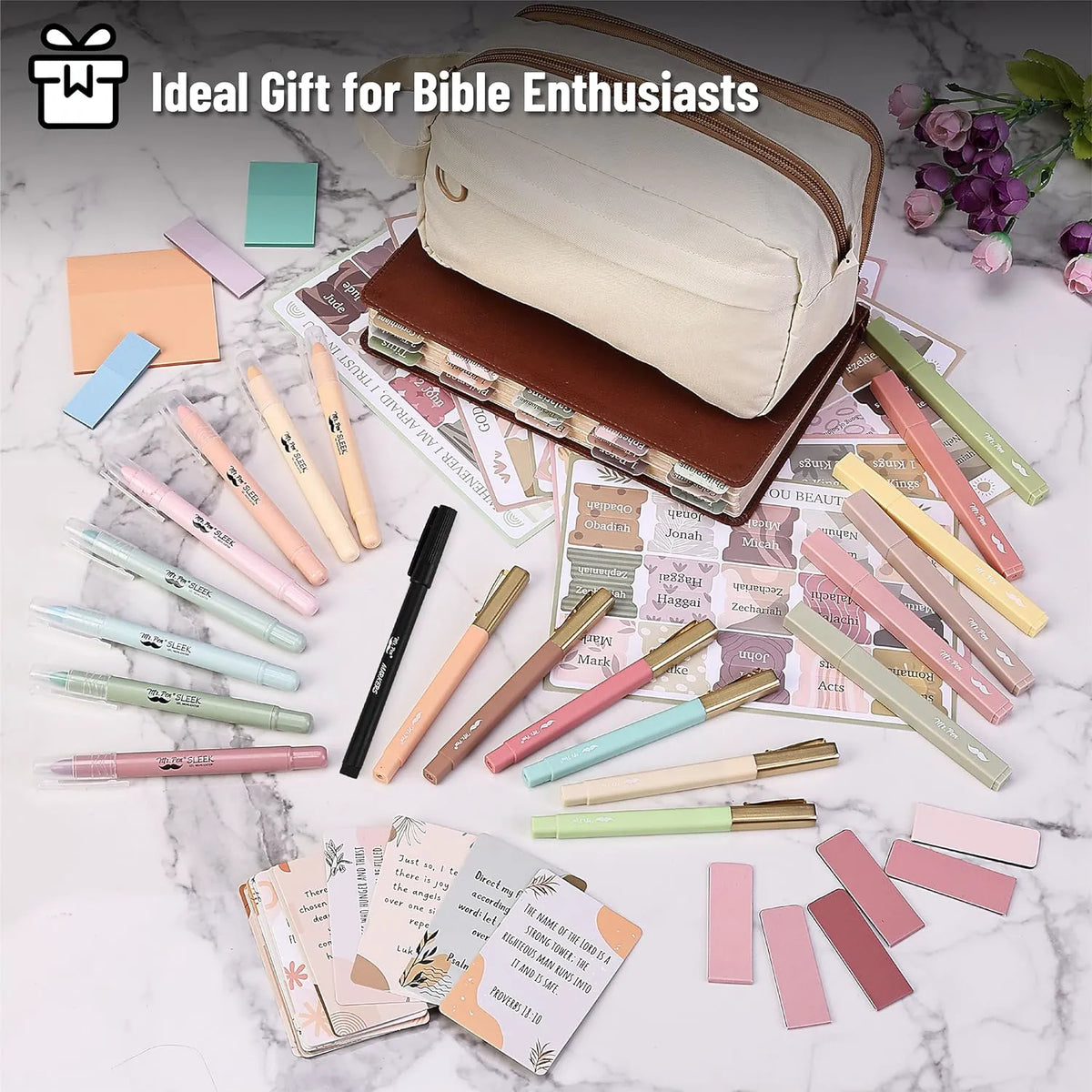Bible Journaling Kit with No-Bleed Highlighters, Pens, Tabs, Prayer Cards, Sticky Notes, and Pencil Case
