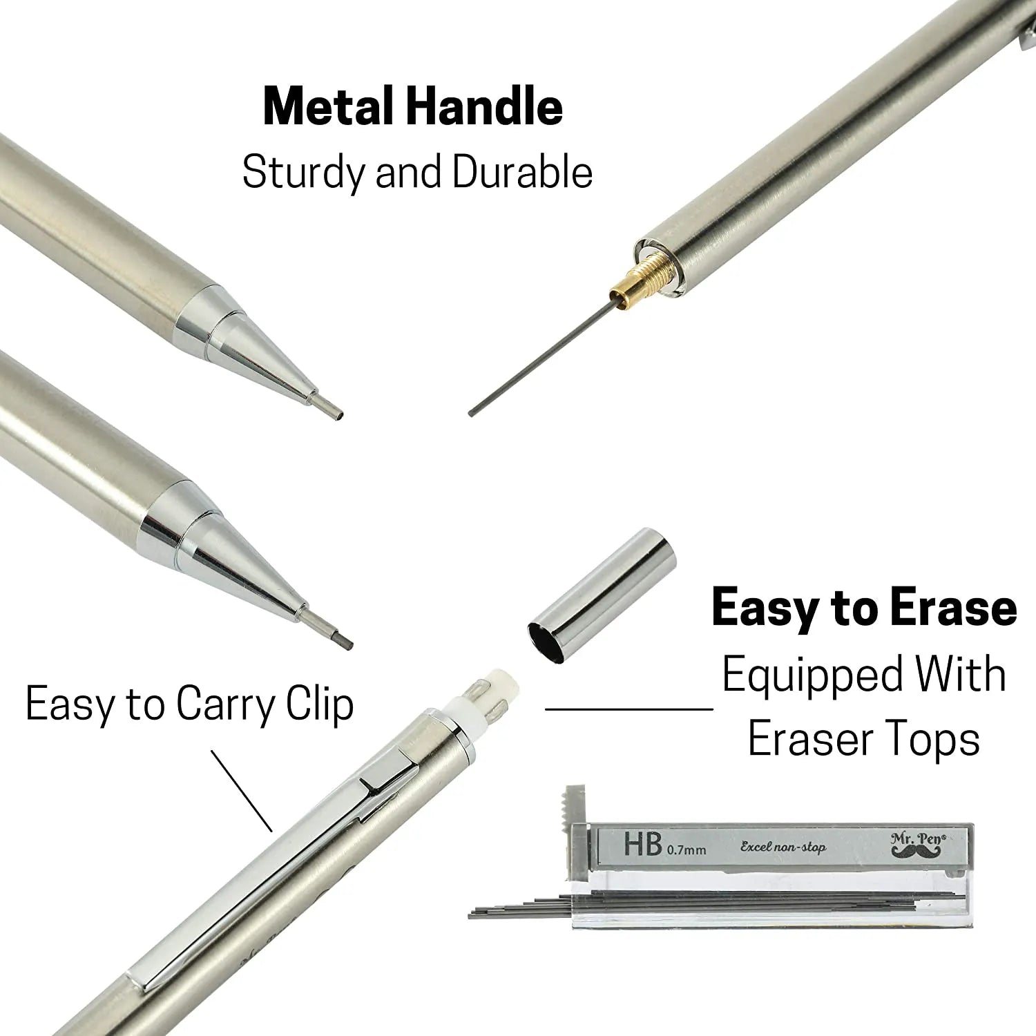Metal Mechanical Pencil Set with Lead & Eraser Refills, 5 Sizes (0.3, 0.5, 0.7, 0.9, 2mm) for Drafting, Sketching, Architecture & Drawing