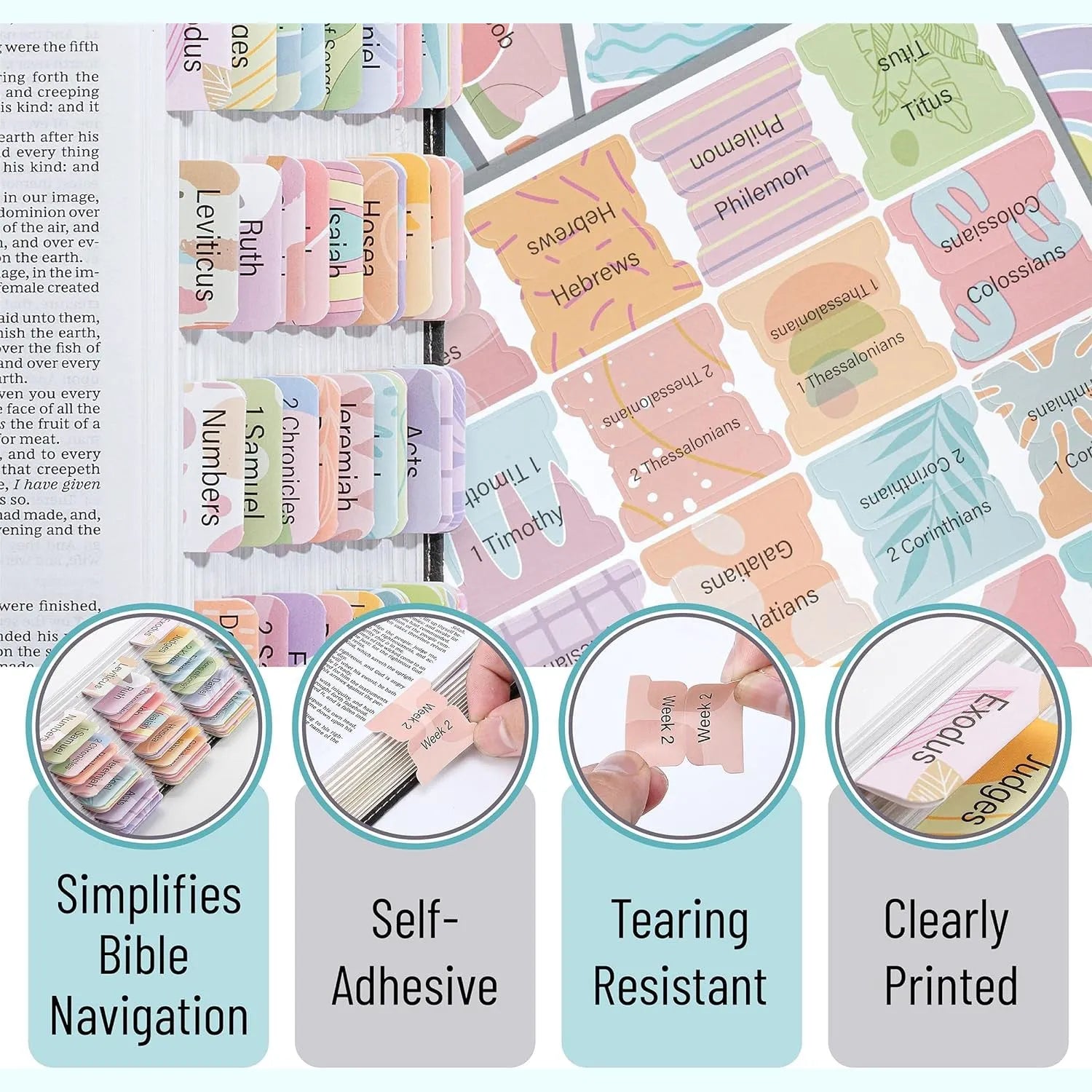 Bible Tabs (120 Count) - Laminated, Easy Apply, Old & New Testament with 30 Customizable Blank Tabs