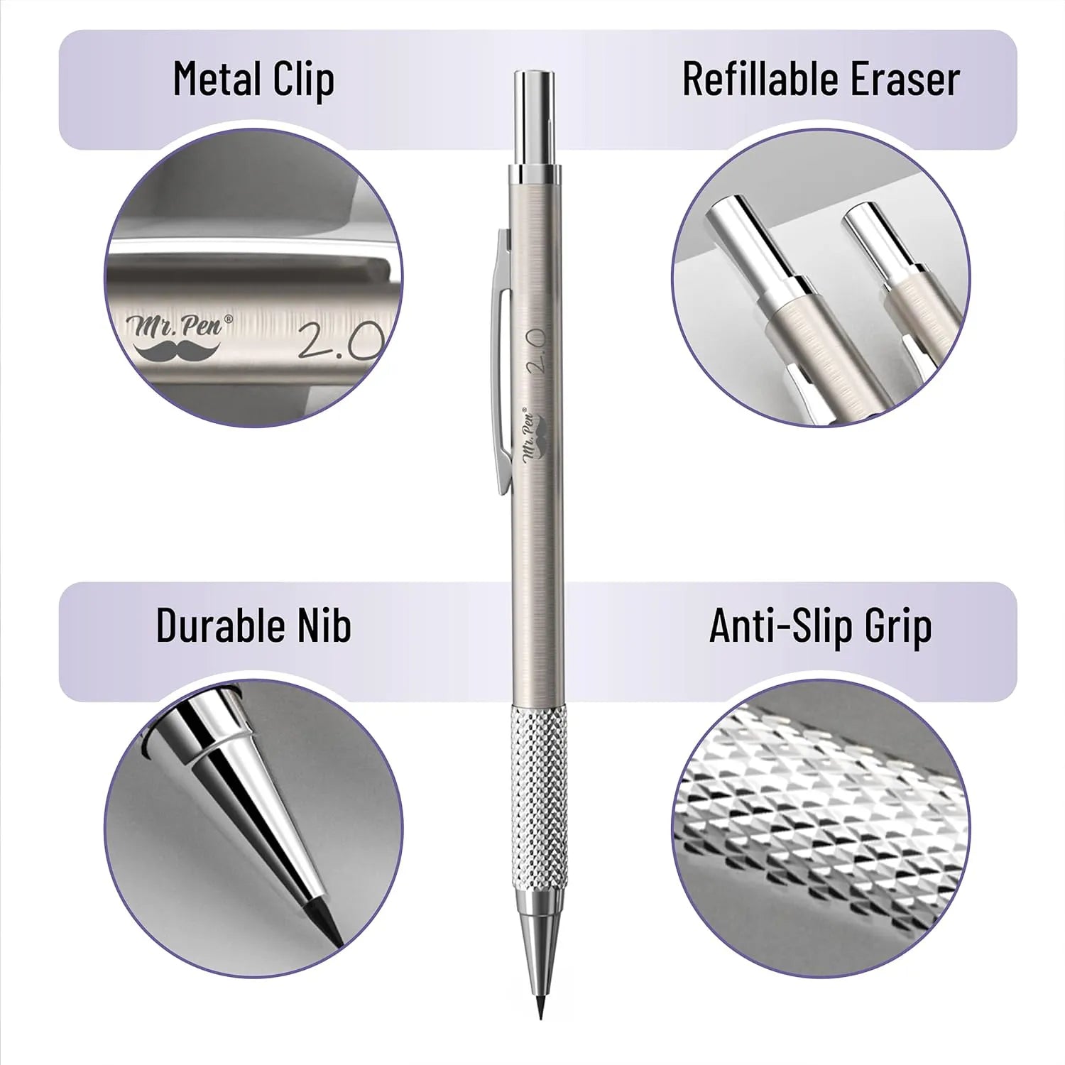 Metal Mechanical Pencil Set with Leather Case, 5 Sizes, HB Leads