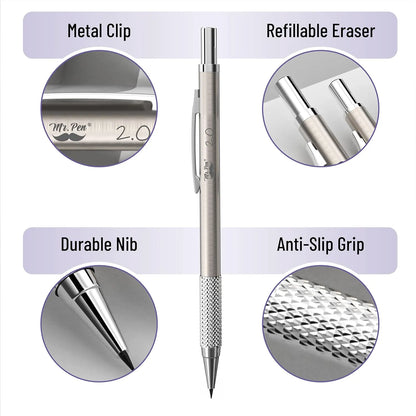 Metal Mechanical Pencil Set with Leather Case, 5 Sizes, HB Leads