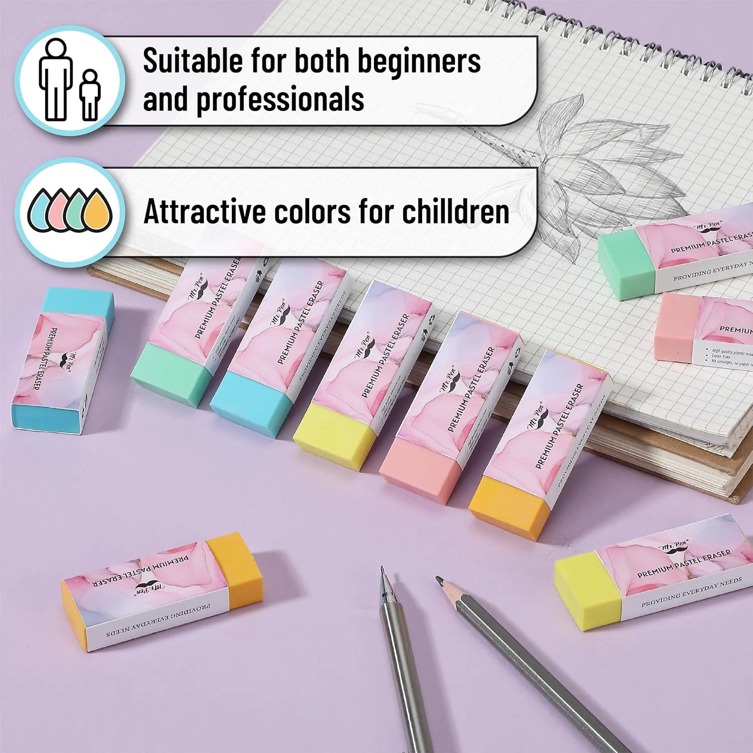 Large School Pencil Eraser (10 Pack) - Bright Colors