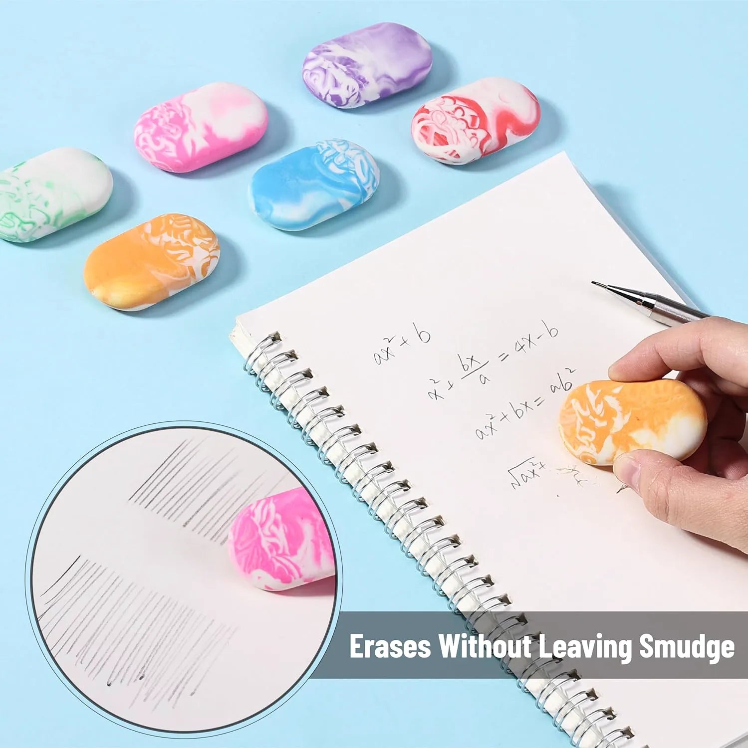 Marble Pencil Erasers, 12 Pack, Large Colorful Erasers for School & Office