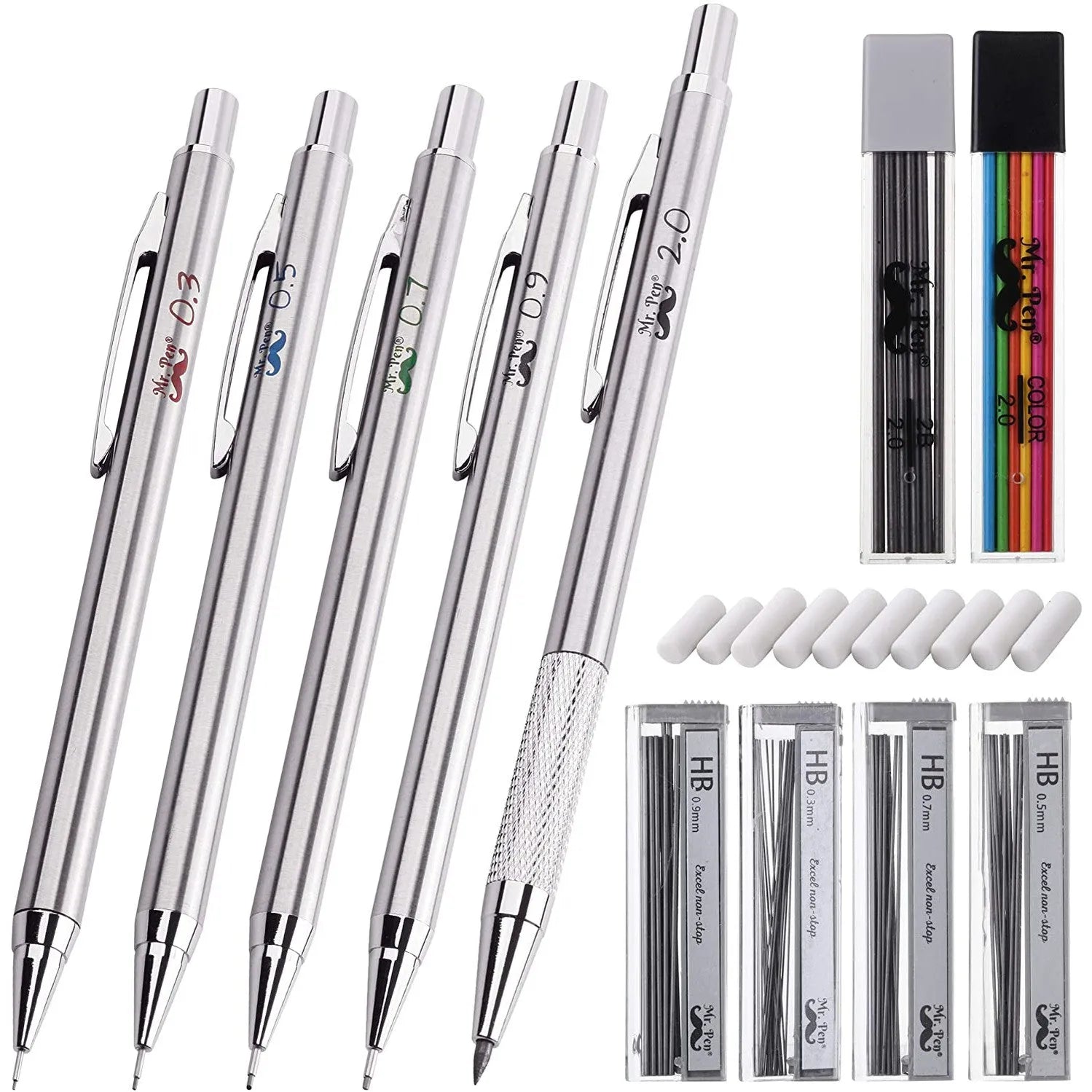 Metal Mechanical Pencil Set with Lead & Eraser Refills, 5 Sizes (0.3, 0.5, 0.7, 0.9, 2mm) for Drafting, Sketching, Architecture & Drawing