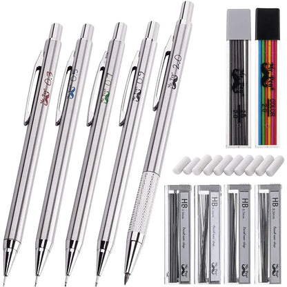 Metal Mechanical Pencil Set with Lead & Eraser Refills, 5 Sizes (0.3, 0.5, 0.7, 0.9, 2mm) for Drafting, Sketching, Architecture & Drawing