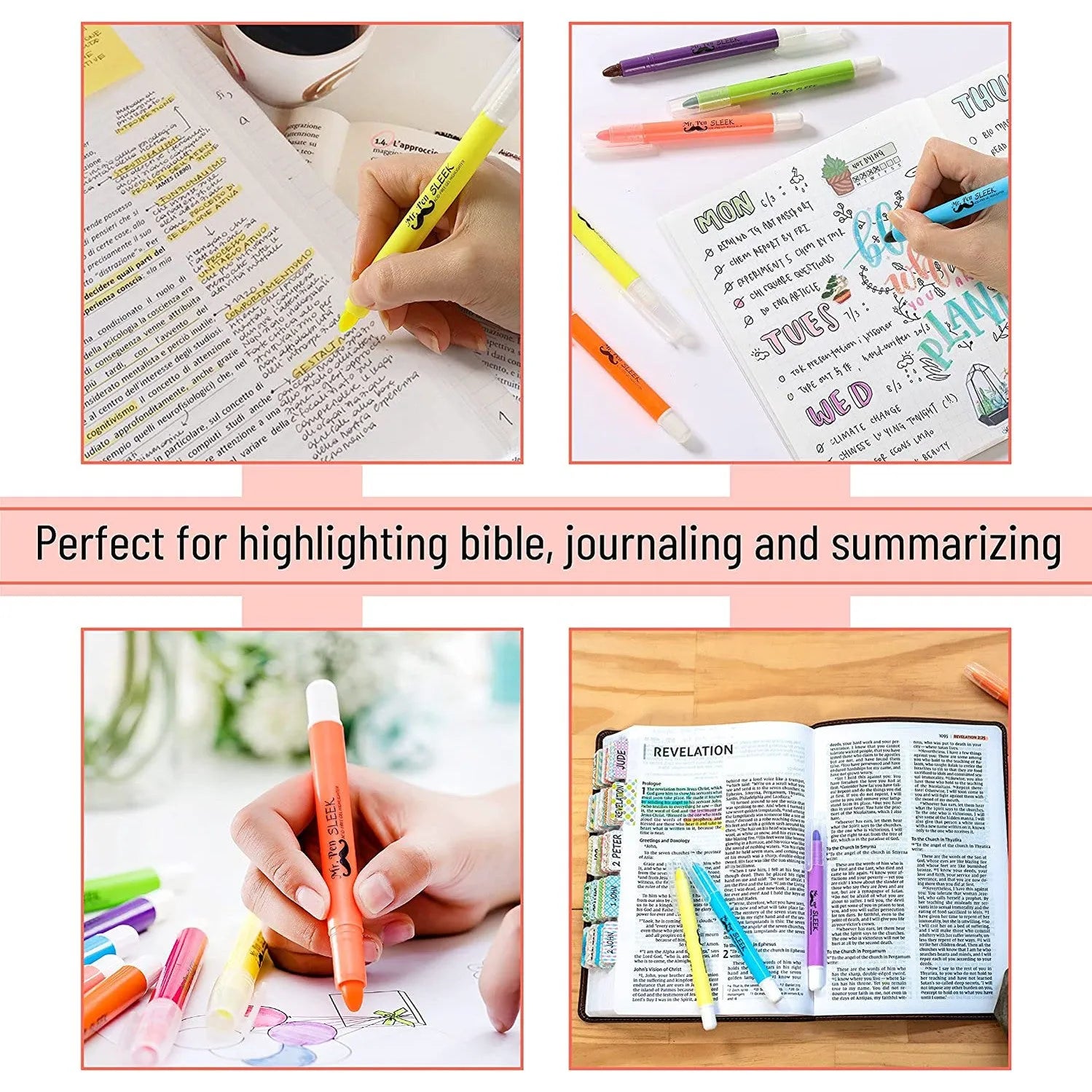 Bible Gel Highlighters (8 Pack) - Assorted Colors, No-Bleed, Twist-Up, Sharpenable Tips for Journaling & Study